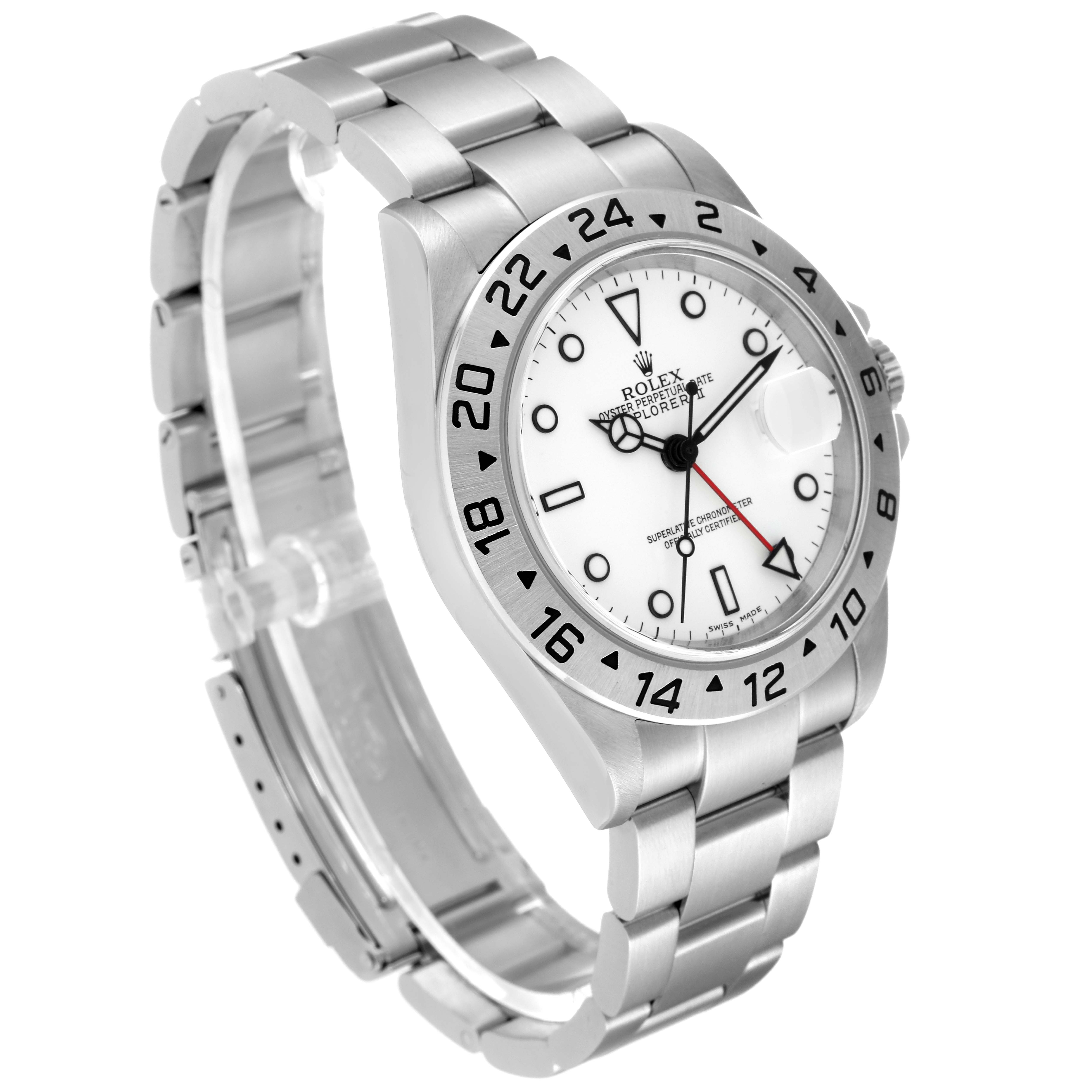 The image shows a left-side angle view of a Rolex Explorer 16570 Men
s Stainless Steel White Dial 16570 Men
s Stainless Steel White Dial watch, displaying its face, bezel, and bracelet.