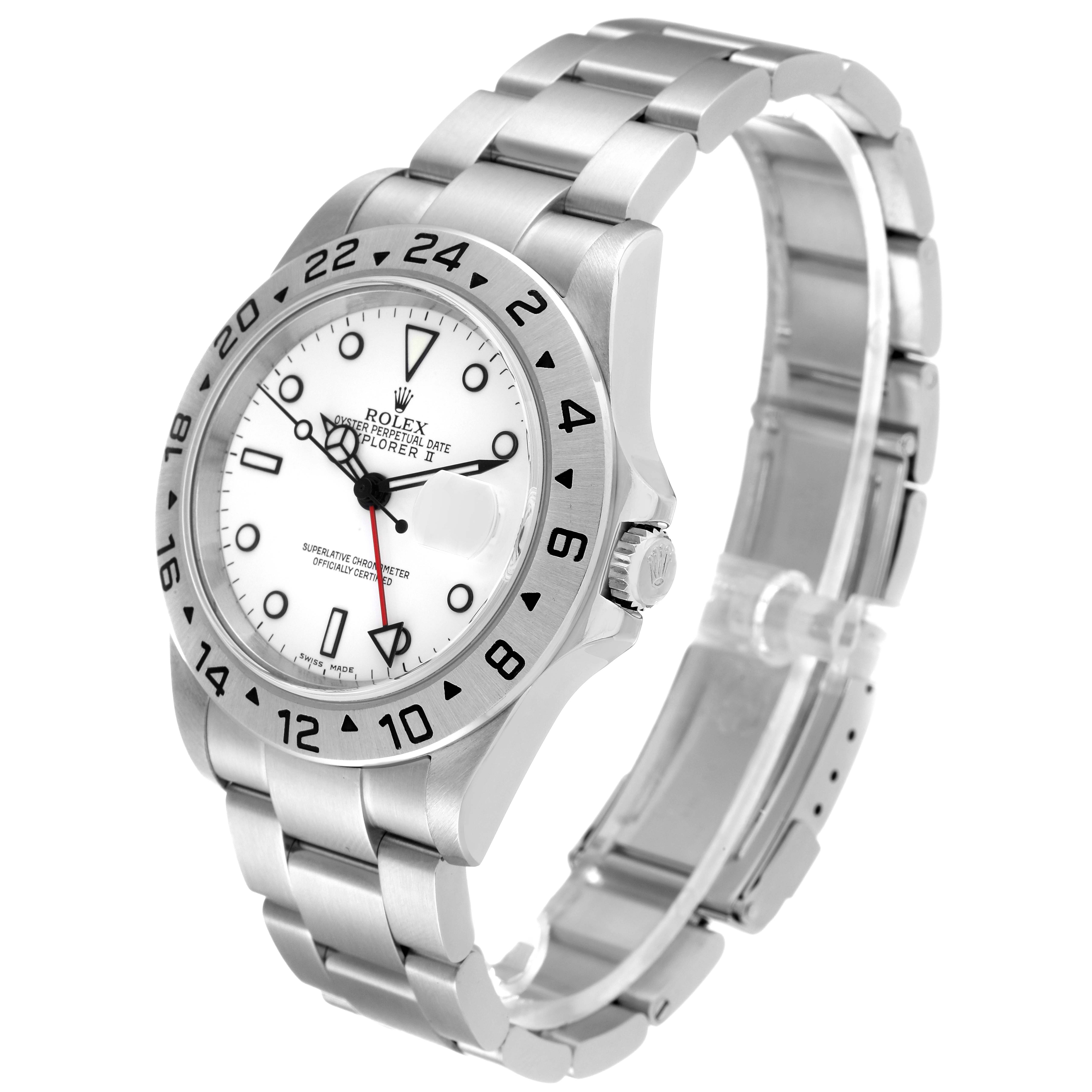 The image shows a three-quarter view of a Rolex Explorer 16570 Men
s Stainless Steel White Dial 16570 Men
s Stainless Steel White Dial with a white dial and stainless steel bracelet.