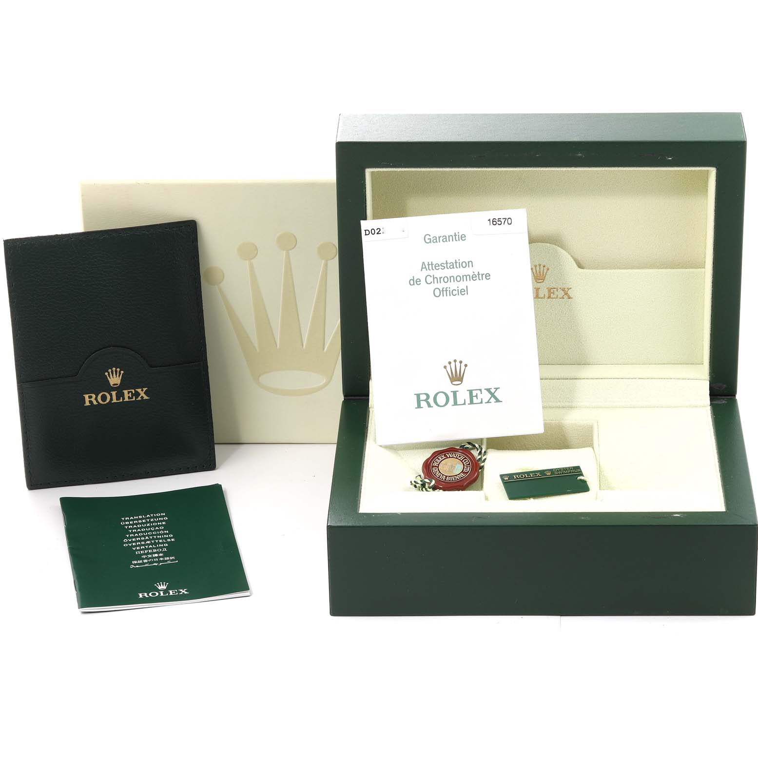 This image shows the packaging, warranty card, and manual for a Rolex Explorer 16570 Men
s Stainless Steel White Dial 16570 Men
s Stainless Steel White Dial model, with no angle of the watch itself visible.