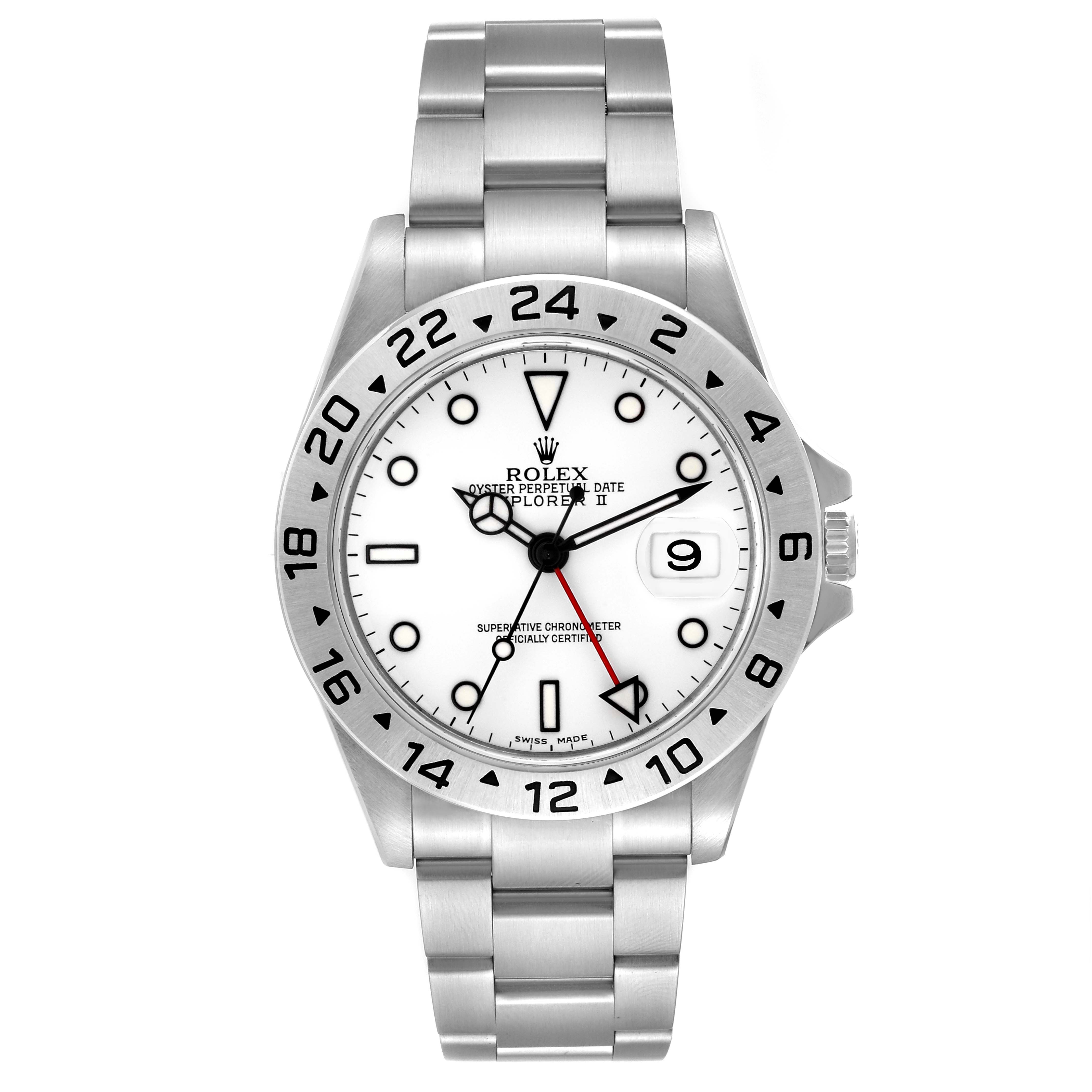 The image shows a front view of a Rolex Explorer 16570 Men
s Stainless Steel White Dial 16570 Men
s Stainless Steel White Dial II, displaying the dial, bezel, and bracelet.