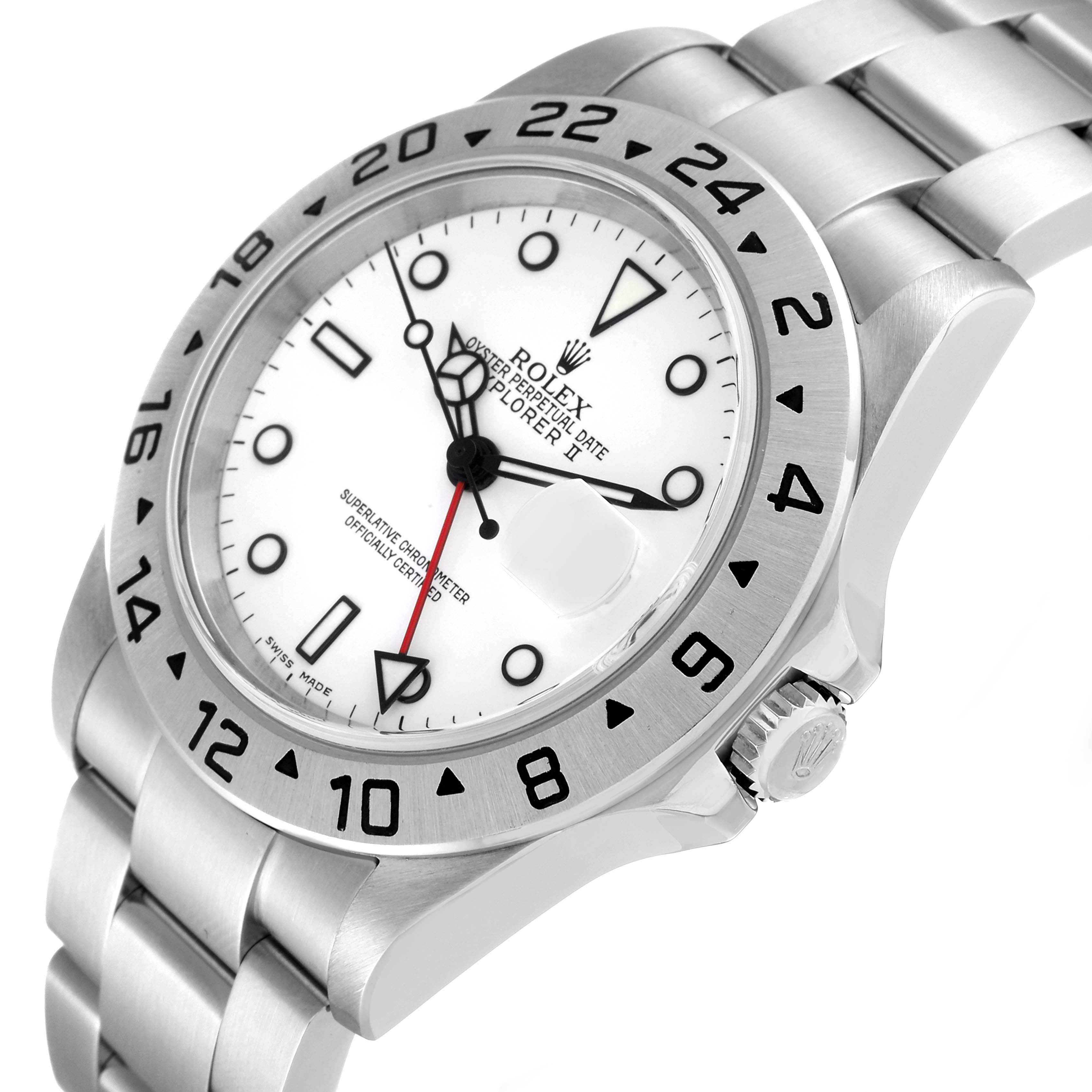 The Rolex Explorer 16570 Men
s Stainless Steel White Dial 16570 Men
s Stainless Steel White Dial model watch is shown at an angled view highlighting the white dial, bezel with numerals, and part of the bracelet.