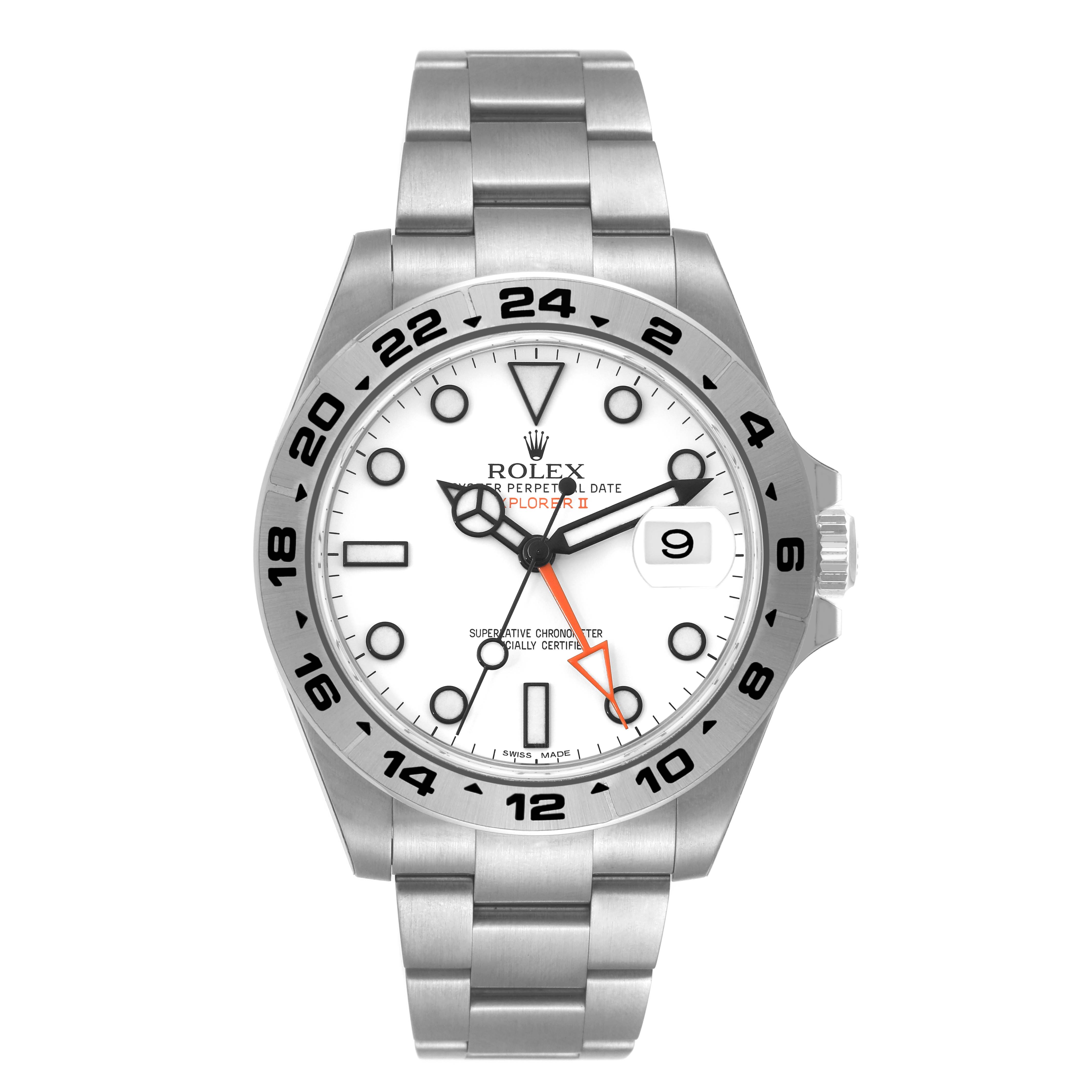 The image shows a front view of a Rolex Explorer 216570 Men
s Stainless Steel White Dial 216570 Men
s Stainless Steel White Dial watch, highlighting its white dial, stainless steel bracelet, and bezel.