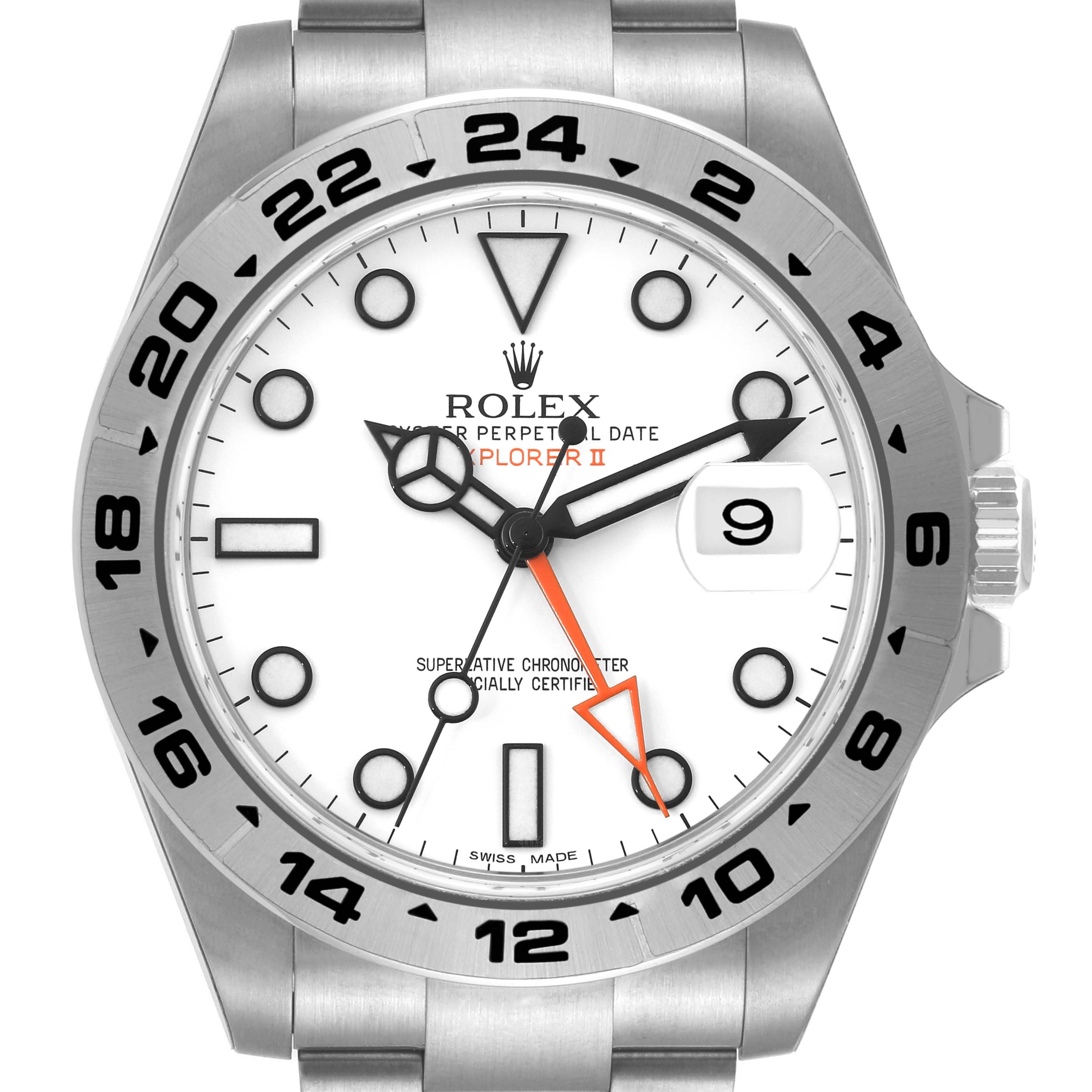 The image shows a front view of the Rolex Explorer 216570 Men
s Stainless Steel White Dial 216570 Men
s Stainless Steel White Dial watch, highlighting the dial, hour markers, hands, and bezel.