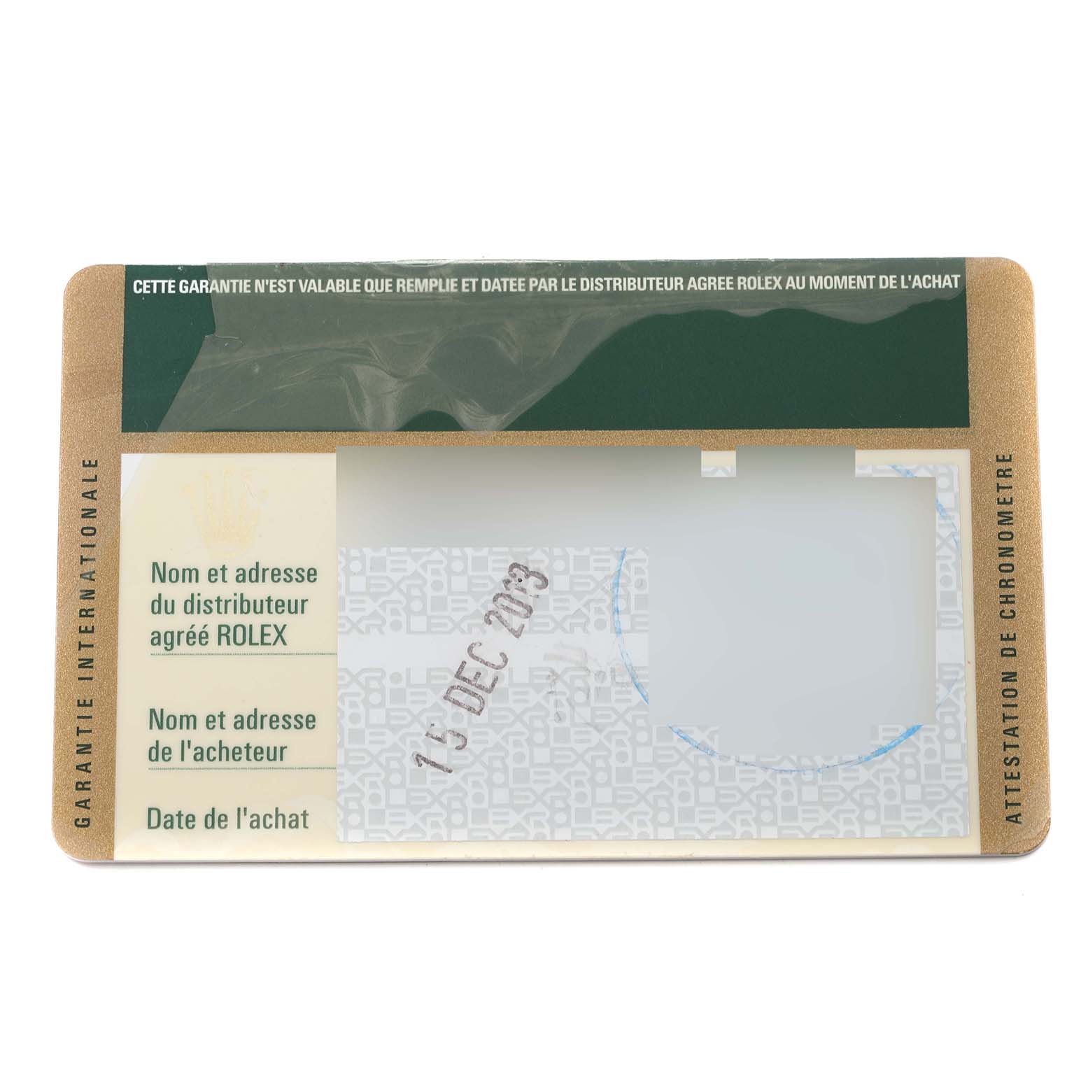 This image shows the guarantee card for the Rolex Explorer 216570 Men
s Stainless Steel White Dial 216570 Men
s Stainless Steel White Dial model, displaying dealer and buyer information sections.