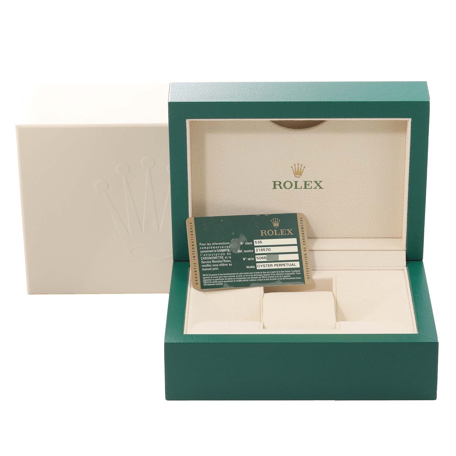 This image shows a Rolex Explorer 216570 Men
s Stainless Steel White Dial 216570 Men
s Stainless Steel White Dial watch box with a warranty card, viewed from the front.