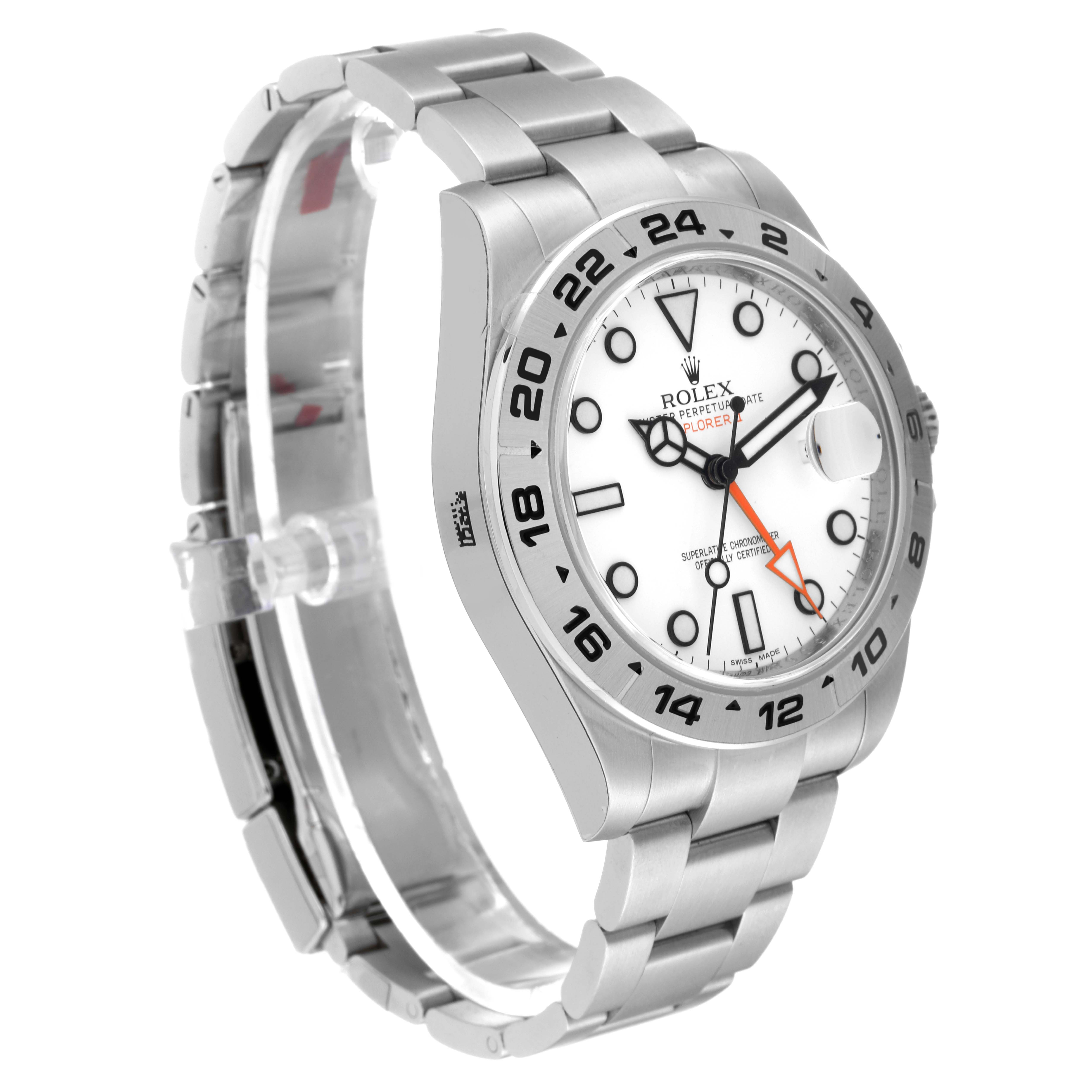 The Rolex Explorer 216570 Men
s Stainless Steel White Dial 216570 Men
s Stainless Steel White Dial watch is shown at an angled side view, displaying its bracelet, bezel, and dial.