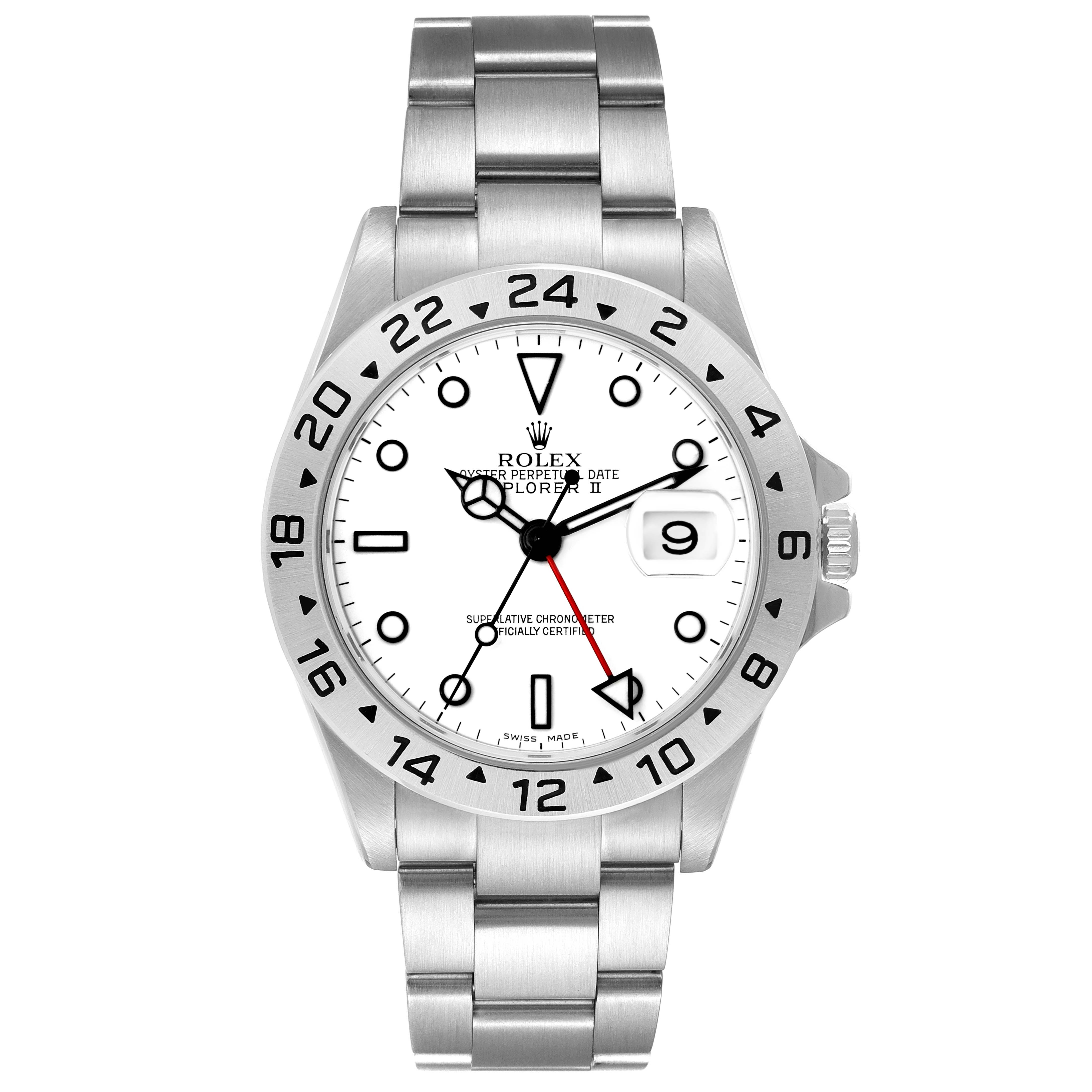 The image shows a front view of a Rolex Explorer 16570 Men's Stainless Steel White Dial 16570 Men's Stainless Steel White Dial watch, highlighting its white dial and stainless steel bracelet.