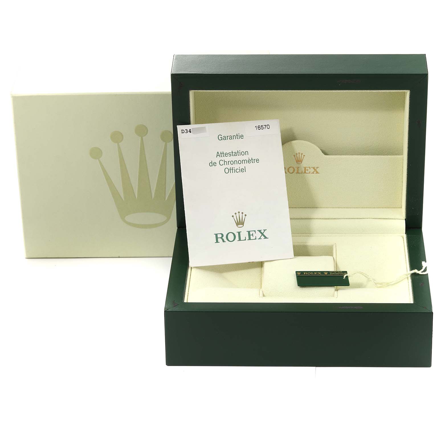 The image shows the open box and warranty card for a Rolex Explorer 16570 Men's Stainless Steel White Dial 16570 Men's Stainless Steel White Dial watch.