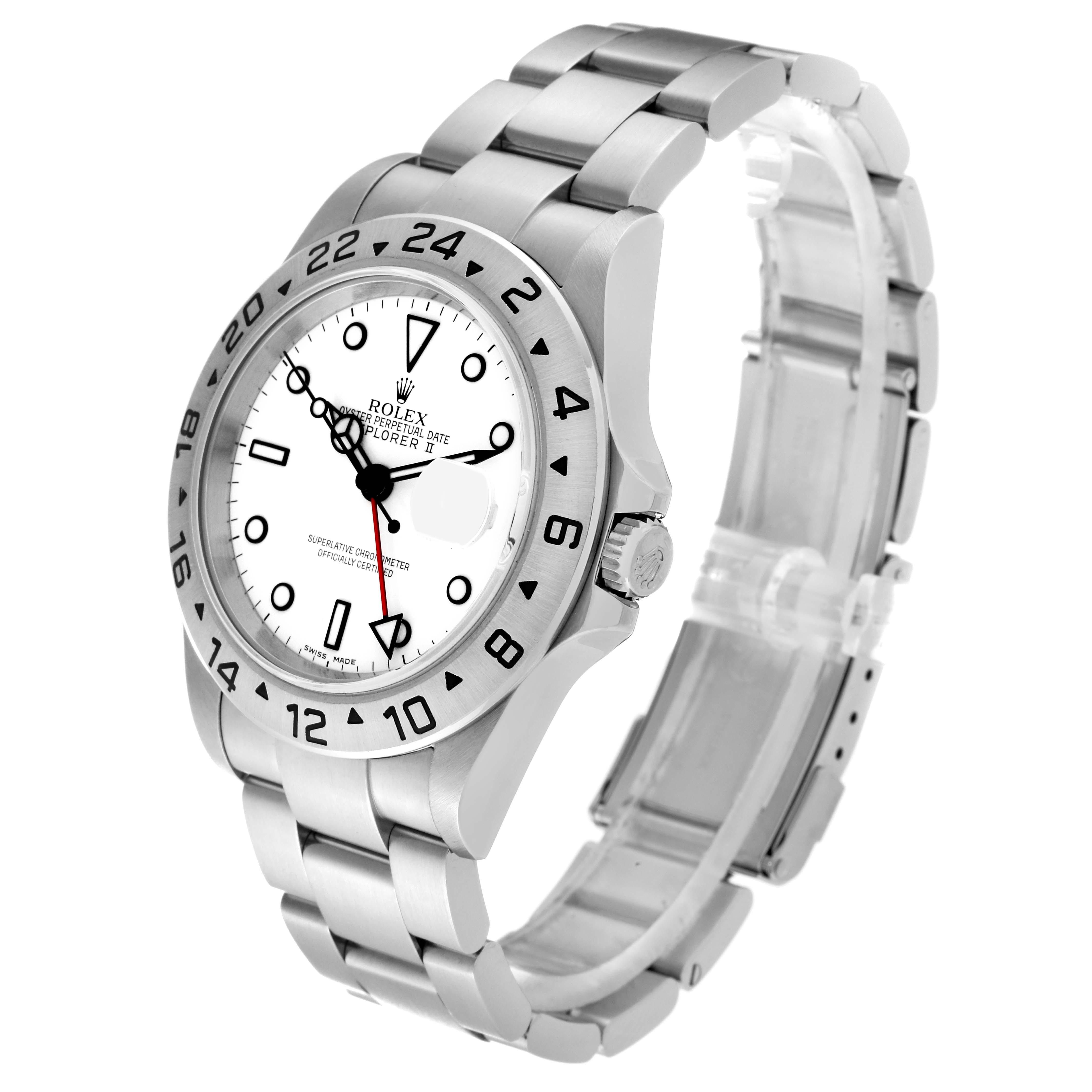 This image shows a side view of the Rolex Explorer 16570 Men's Stainless Steel White Dial 16570 Men's Stainless Steel White Dial watch, highlighting the bracelet, bezel, and crown.