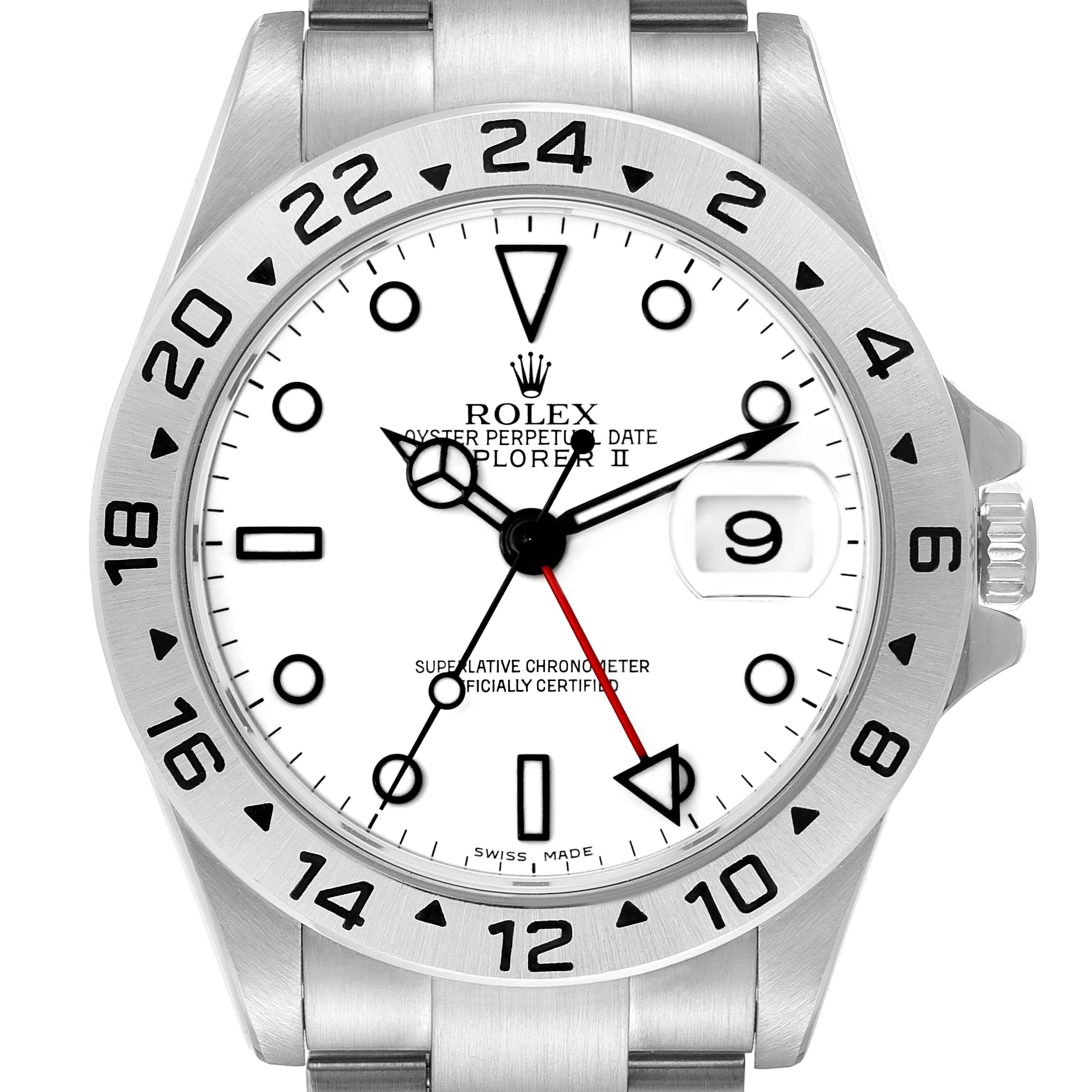 The Rolex Explorer 16570 Men's Stainless Steel White Dial 16570 Men's Stainless Steel White Dial watch is shown from the front, displaying its dial, hands, bezel, date window, and part of the bracelet.