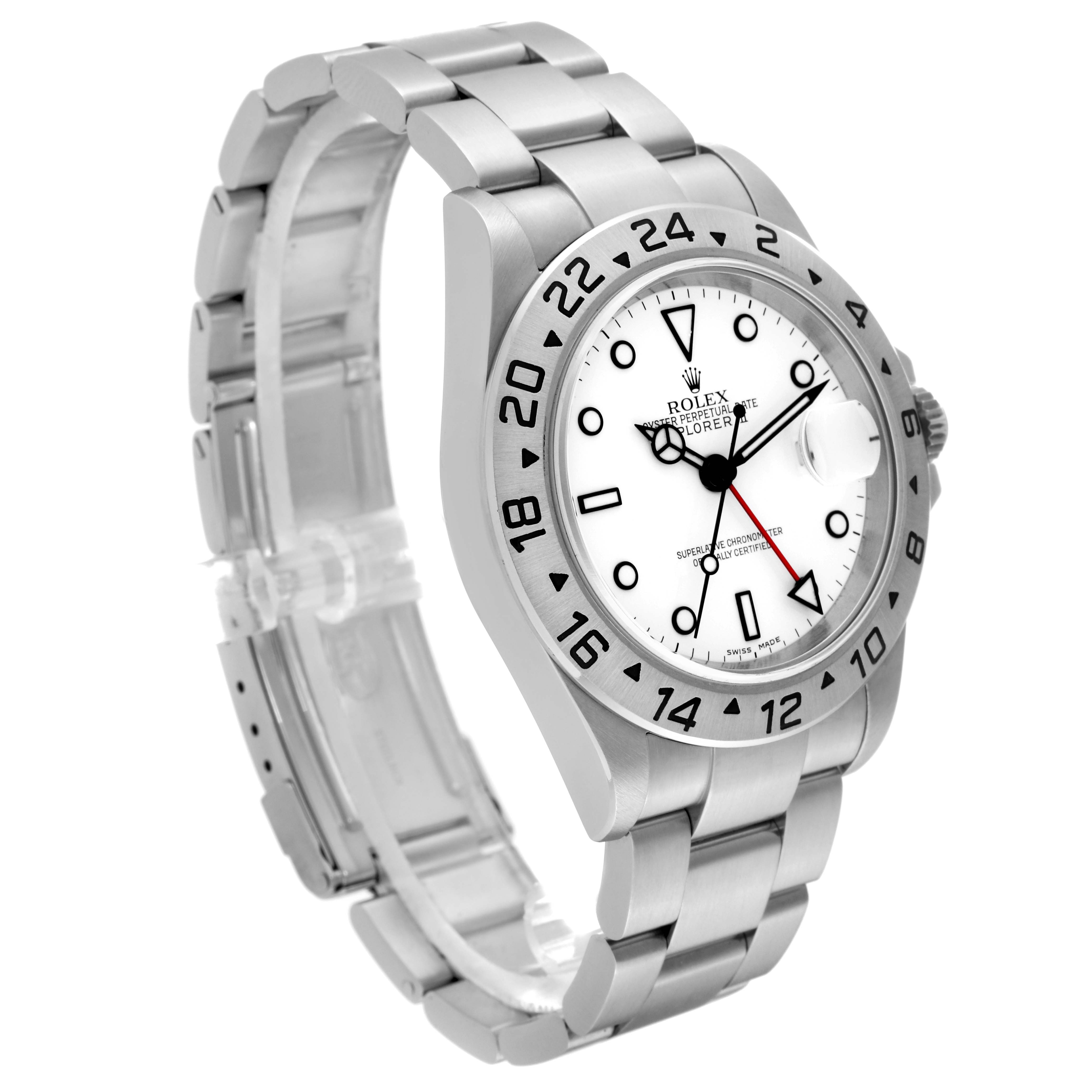 This image shows a Rolex Explorer 16570 Men's Stainless Steel White Dial 16570 Men's Stainless Steel White Dial watch at a slight side angle, highlighting the band, bezel, dial, and crown.