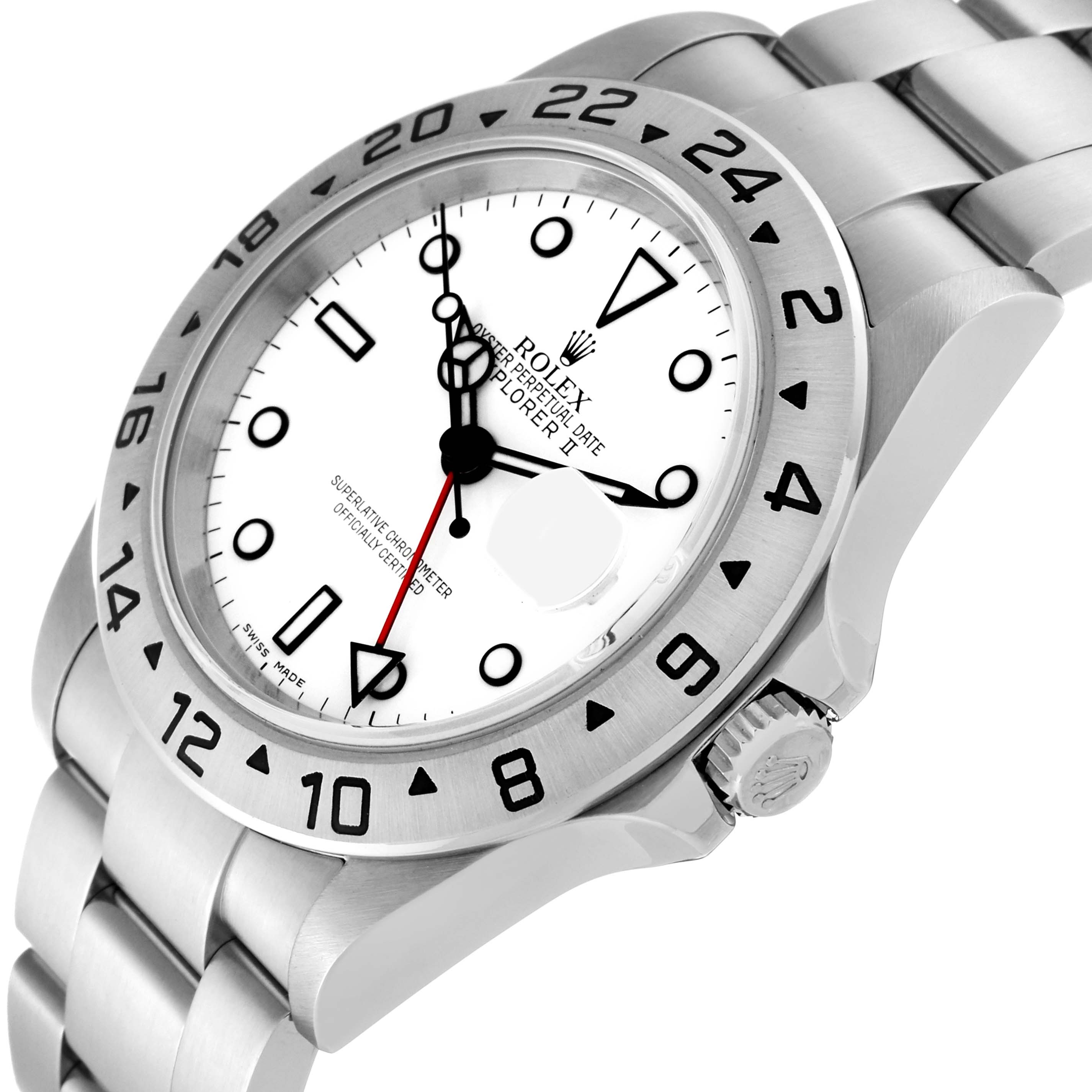This image shows the face, bezel, crown, and part of the bracelet of a Rolex Explorer 16570 Men's Stainless Steel White Dial 16570 Men's Stainless Steel White Dial watch, angled from the front-right.