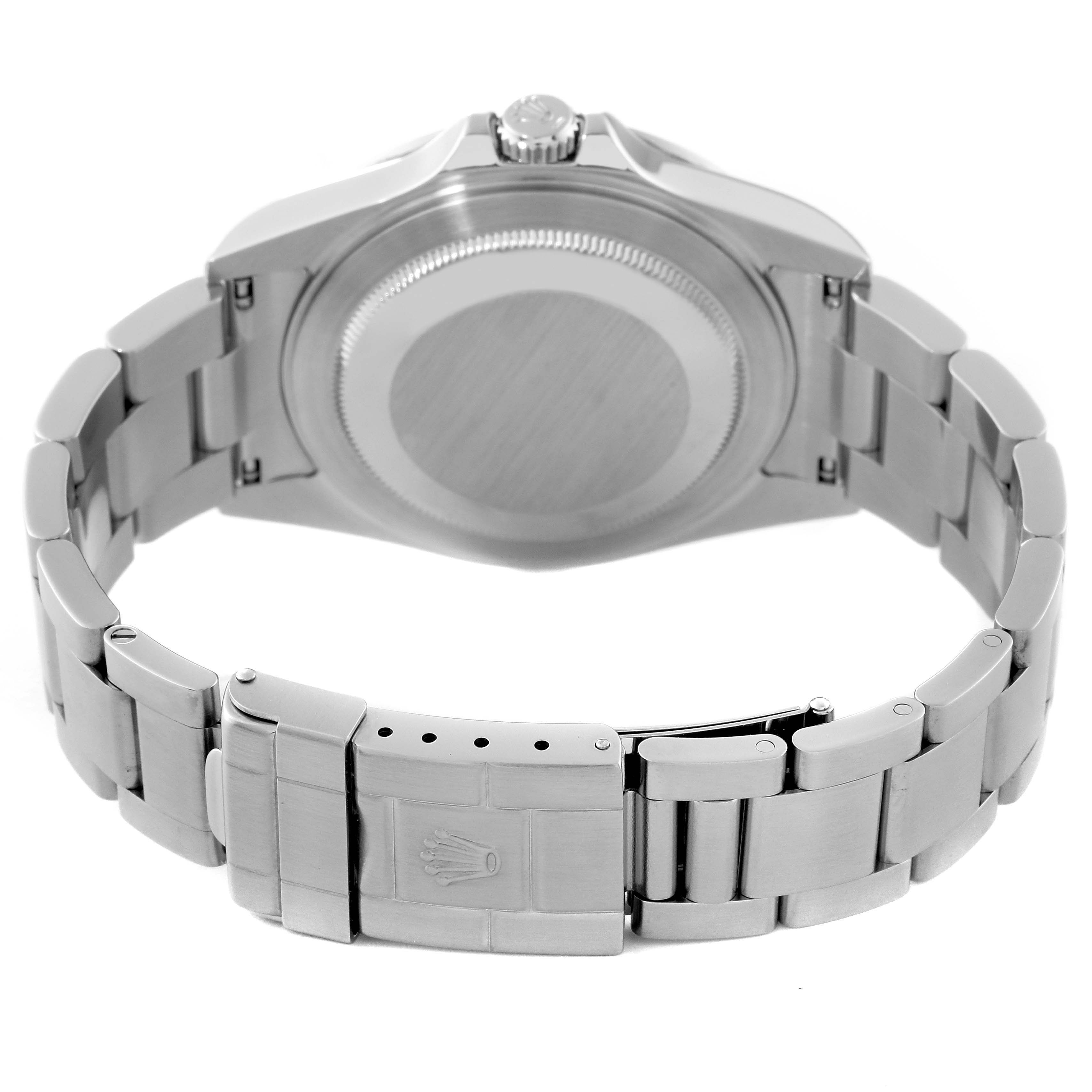 The image shows the back view of the Rolex Explorer 16570 Men's Stainless Steel White Dial 16570 Men's Stainless Steel White Dial watch, highlighting its case back and metal bracelet with the clasp.