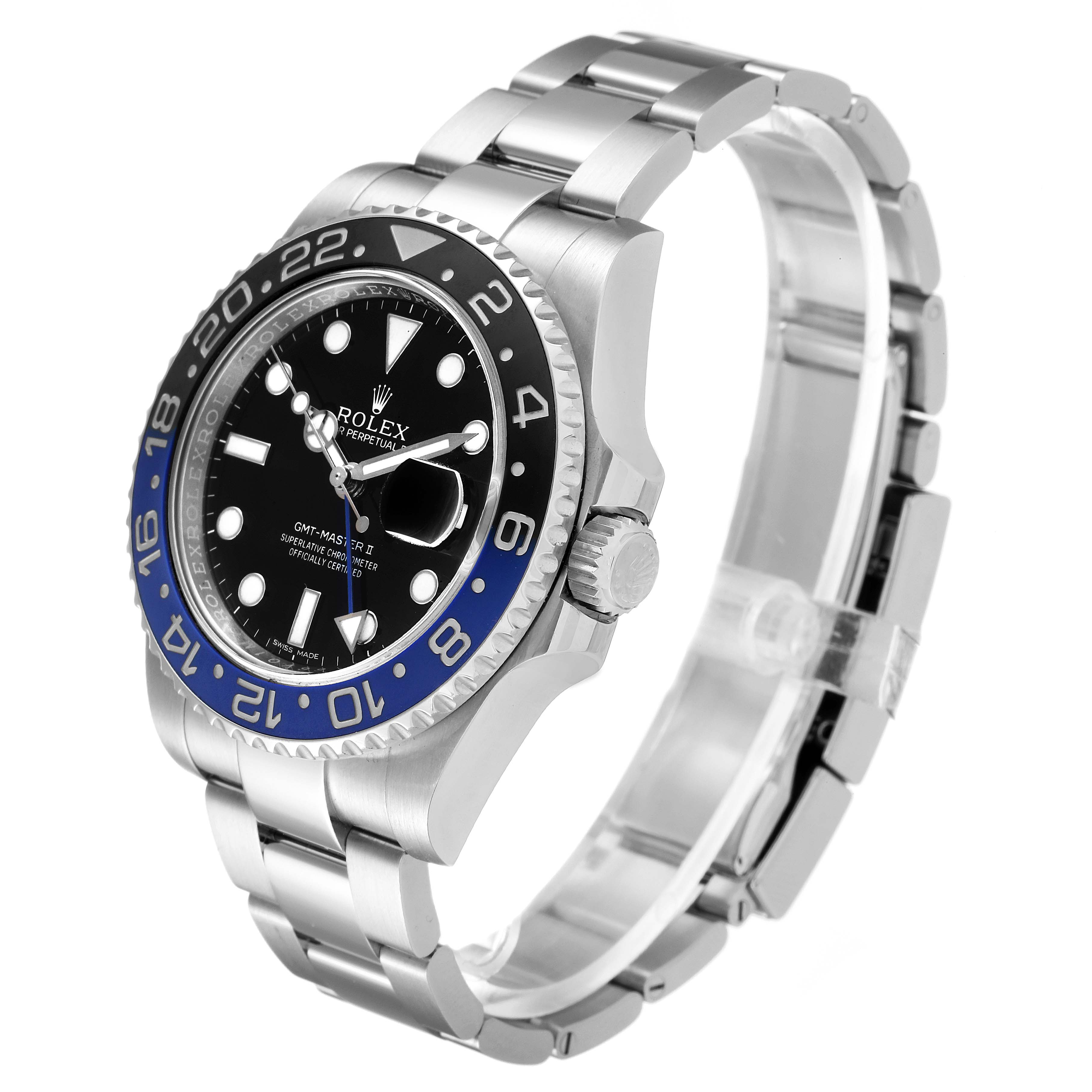 The image shows a Rolex GMT-Master 116710 Men
s Stainless Steel Black Dial 116710 Men
s Stainless Steel Black Dial II watch angled to display the dial, bezel, crown, and stainless steel bracelet.