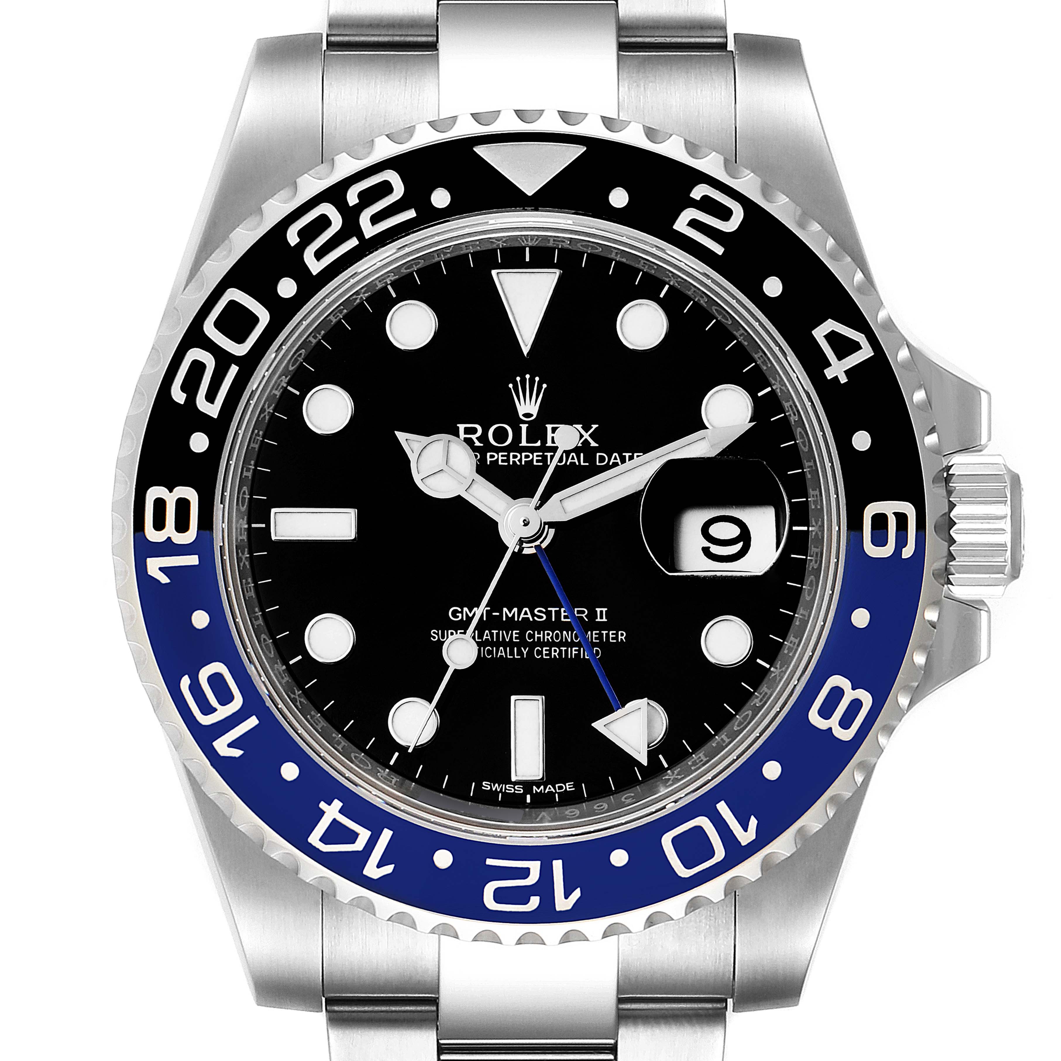 The image shows a frontal view of a Rolex GMT-Master 116710 Men
s Stainless Steel Black Dial 116710 Men
s Stainless Steel Black Dial II watch, displaying its dial, bezel, and part of the bracelet.