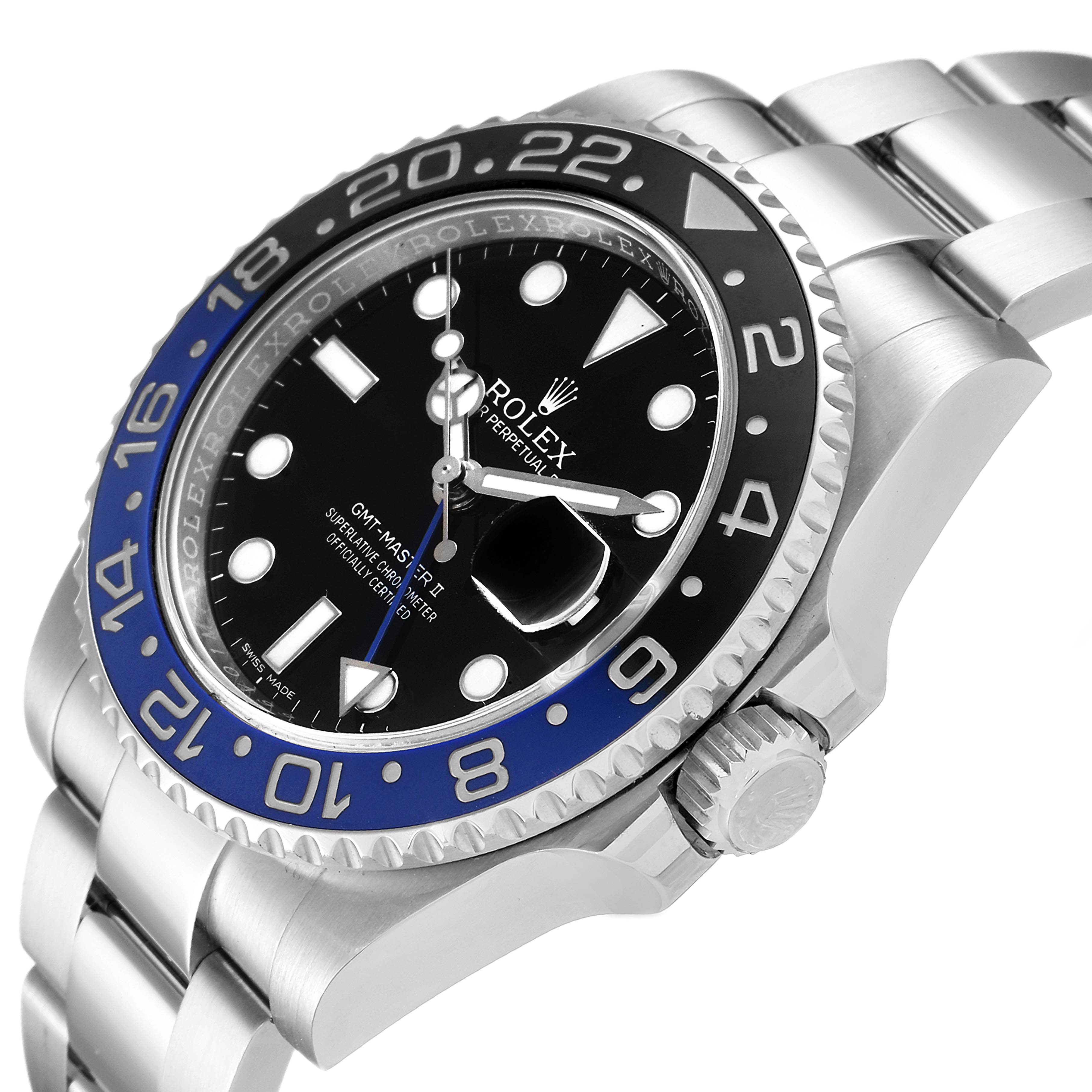 This image shows a side-angle view of the Rolex GMT-Master 116710 Men
s Stainless Steel Black Dial 116710 Men
s Stainless Steel Black Dial II watch, highlighting its bezel, face, crown, and bracelet.