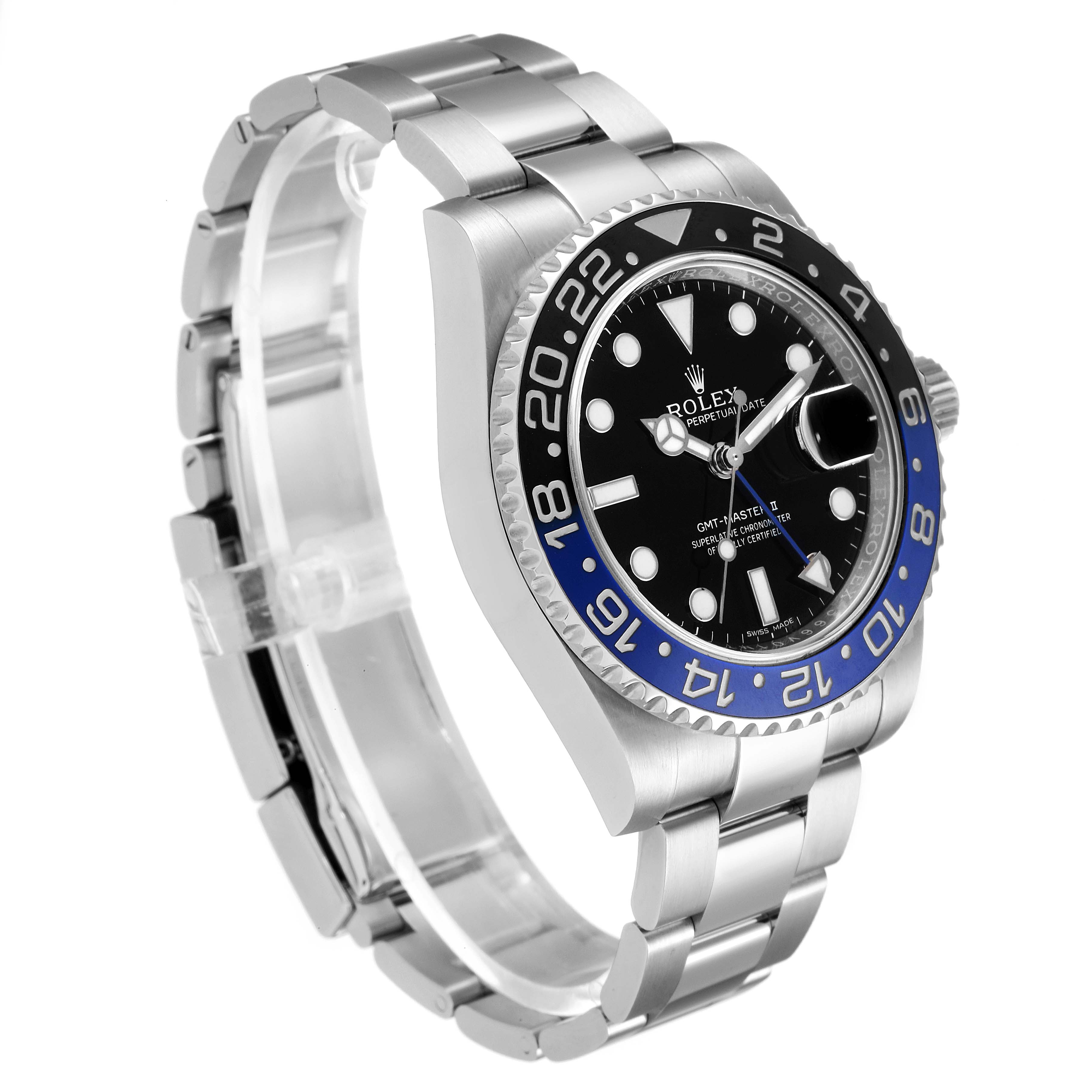 The image shows a side angle of the Rolex GMT-Master 116710 Men
s Stainless Steel Black Dial 116710 Men
s Stainless Steel Black Dial with its bezel, dial, and bracelet clearly visible.