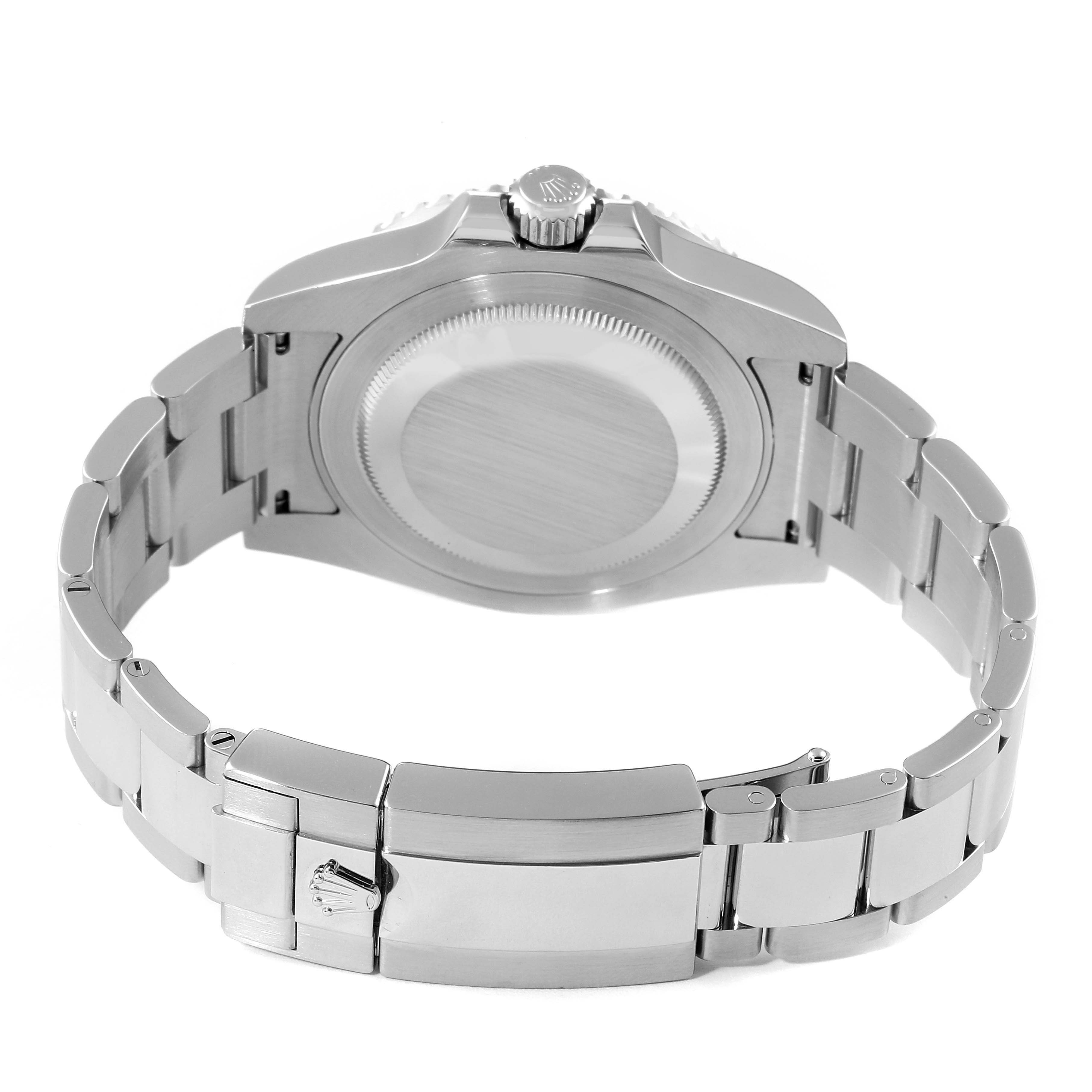 The image shows the backside of the Rolex GMT-Master 116710 Men
s Stainless Steel Black Dial 116710 Men
s Stainless Steel Black Dial, highlighting the case back, crown, and metal bracelet.