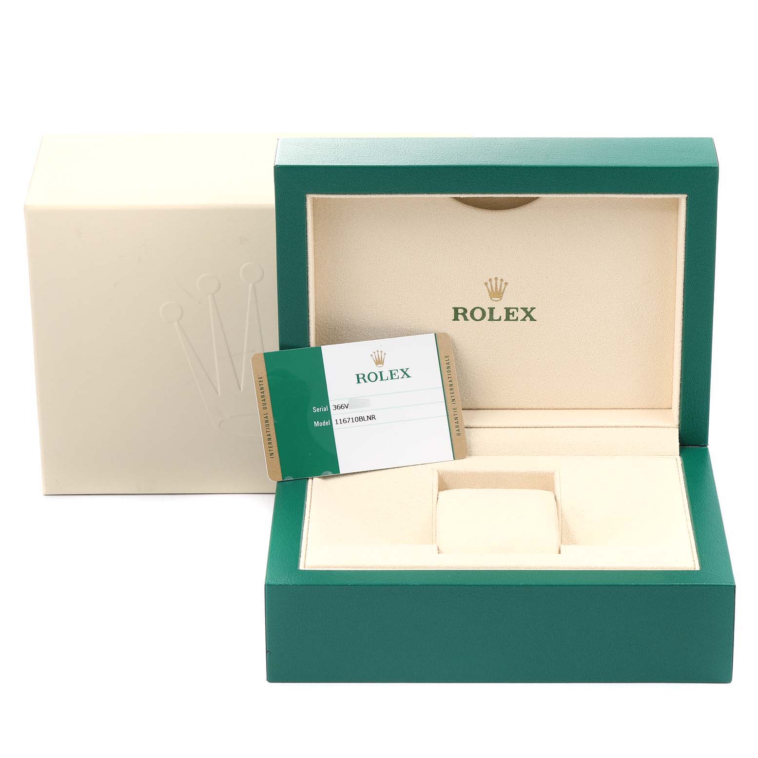 The image shows the box and warranty card for a Rolex GMT-Master 116710 Men
s Stainless Steel Black Dial 116710 Men
s Stainless Steel Black Dial watch, with no actual watch visible.