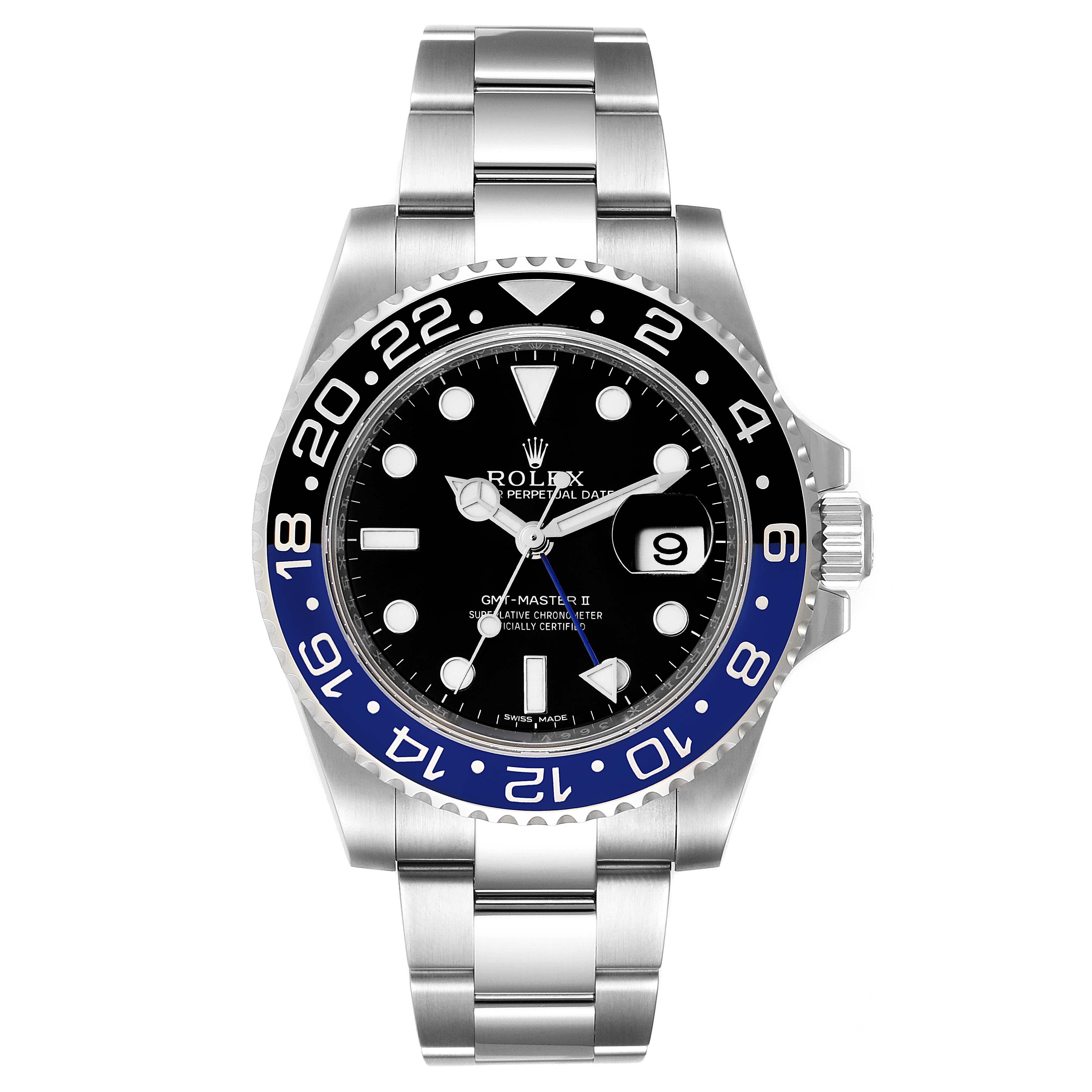 This is a frontal view of the Rolex GMT-Master 116710 Men
s Stainless Steel Black Dial 116710 Men
s Stainless Steel Black Dial II, displaying its bezel, dial, hands, date window, and stainless steel bracelet.