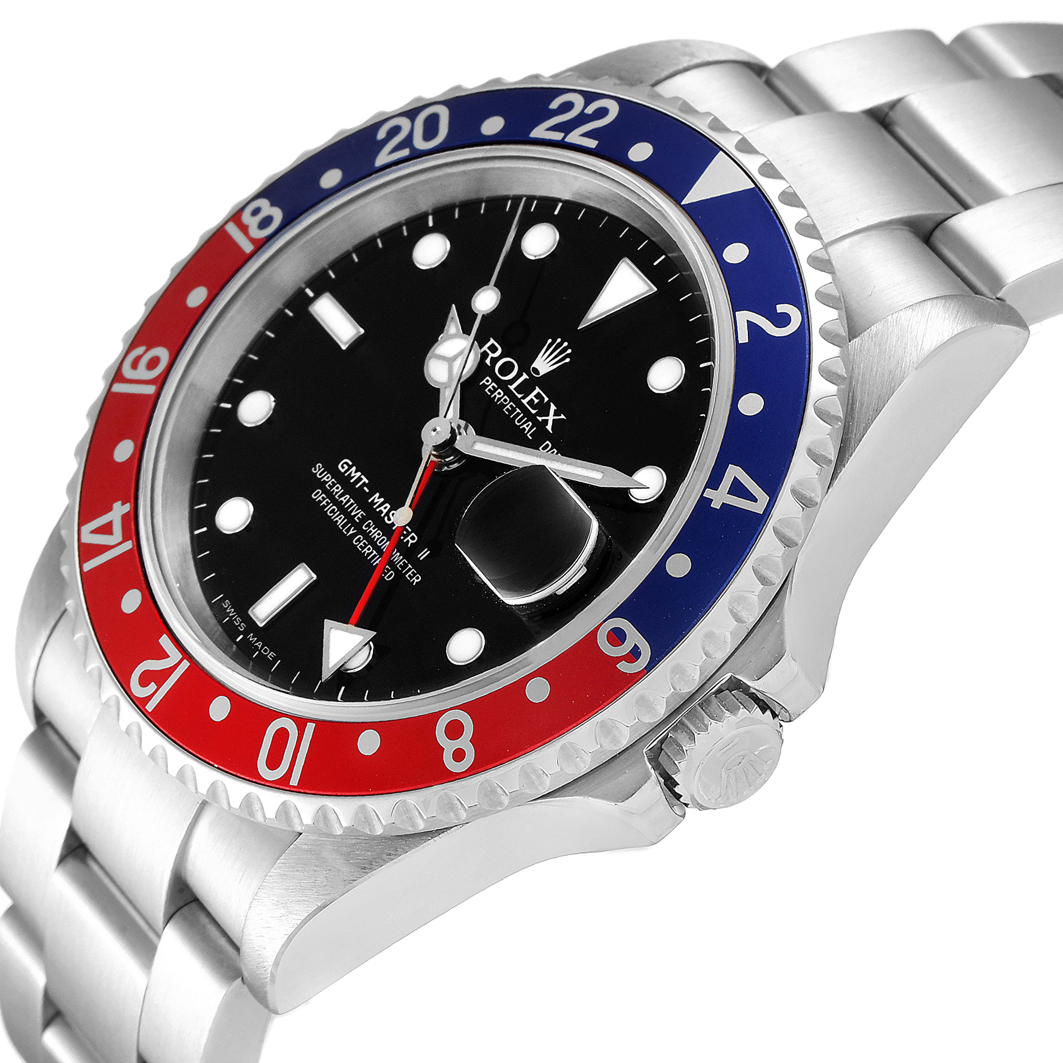 This Rolex GMT-Master 16710 Men's Stainless Steel Black Dial 16710 Men's Stainless Steel Black Dial II watch is shown at an angled view highlighting the bezel, dial, crown, and part of the bracelet.