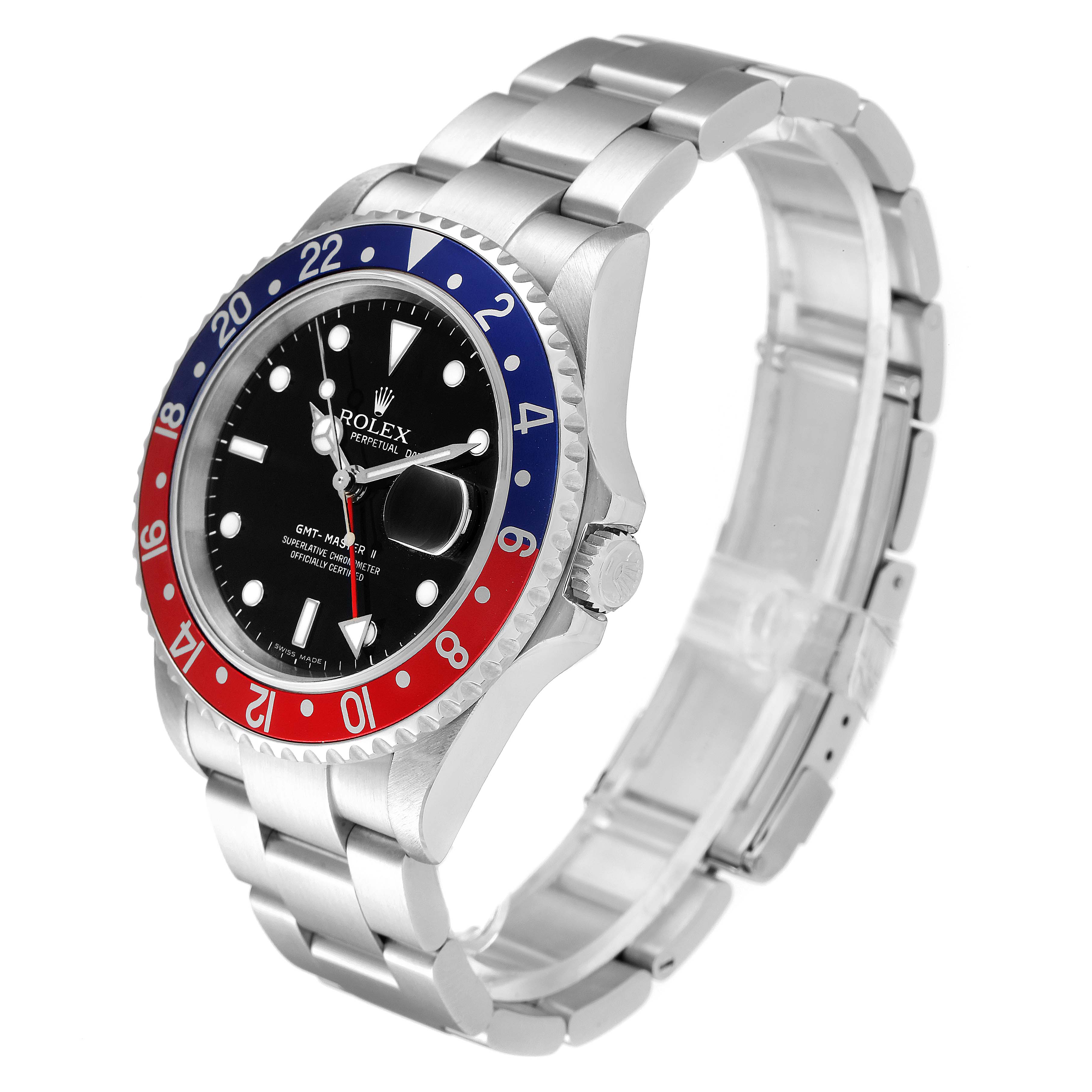 The Rolex GMT-Master 16710 Men's Stainless Steel Black Dial 16710 Men's Stainless Steel Black Dial watch is angled to show the face, bezel, crown, and bracelet.