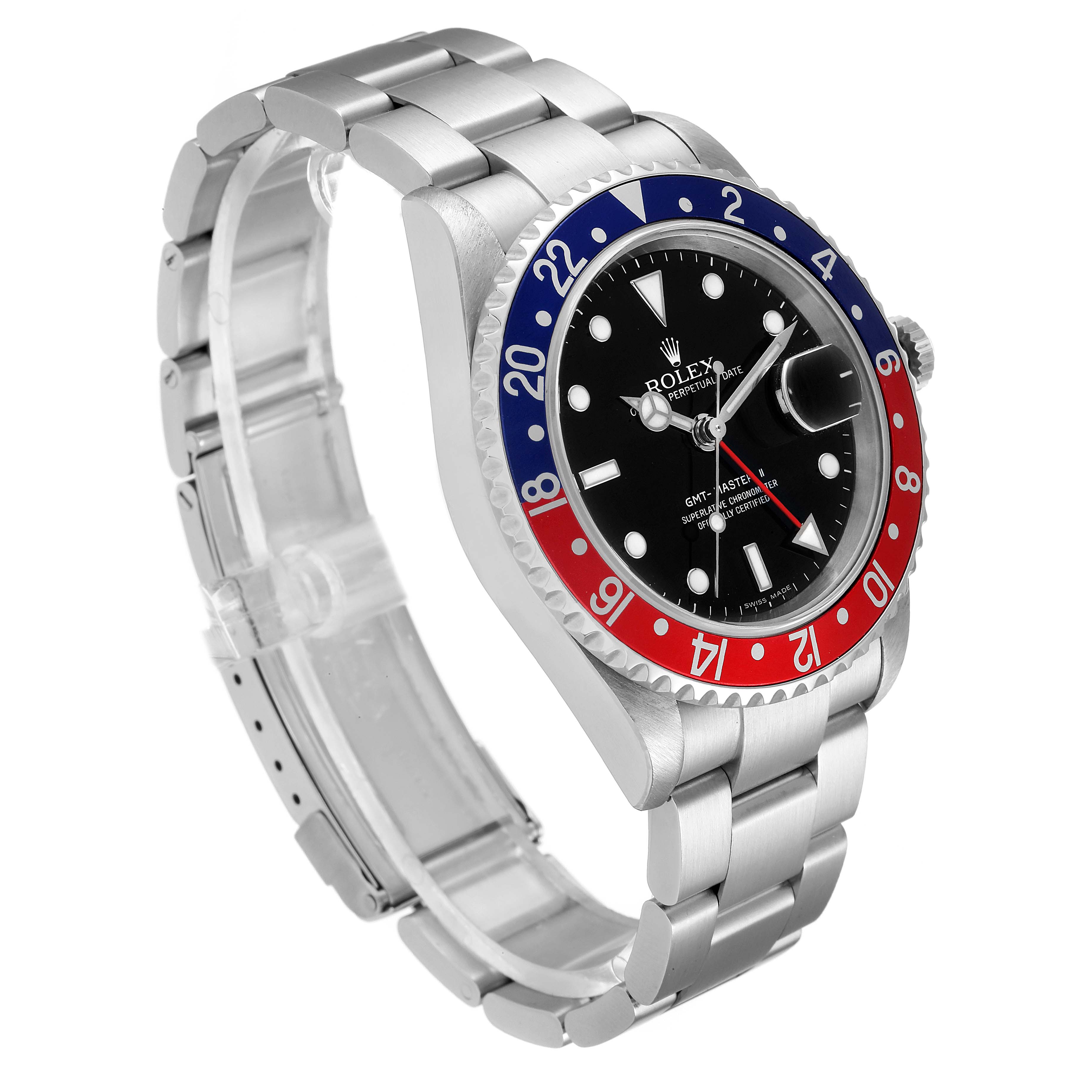 The image shows a side angle of the Rolex GMT-Master 16710 Men's Stainless Steel Black Dial 16710 Men's Stainless Steel Black Dial watch, highlighting its red and blue bezel, black dial, and stainless steel bracelet.