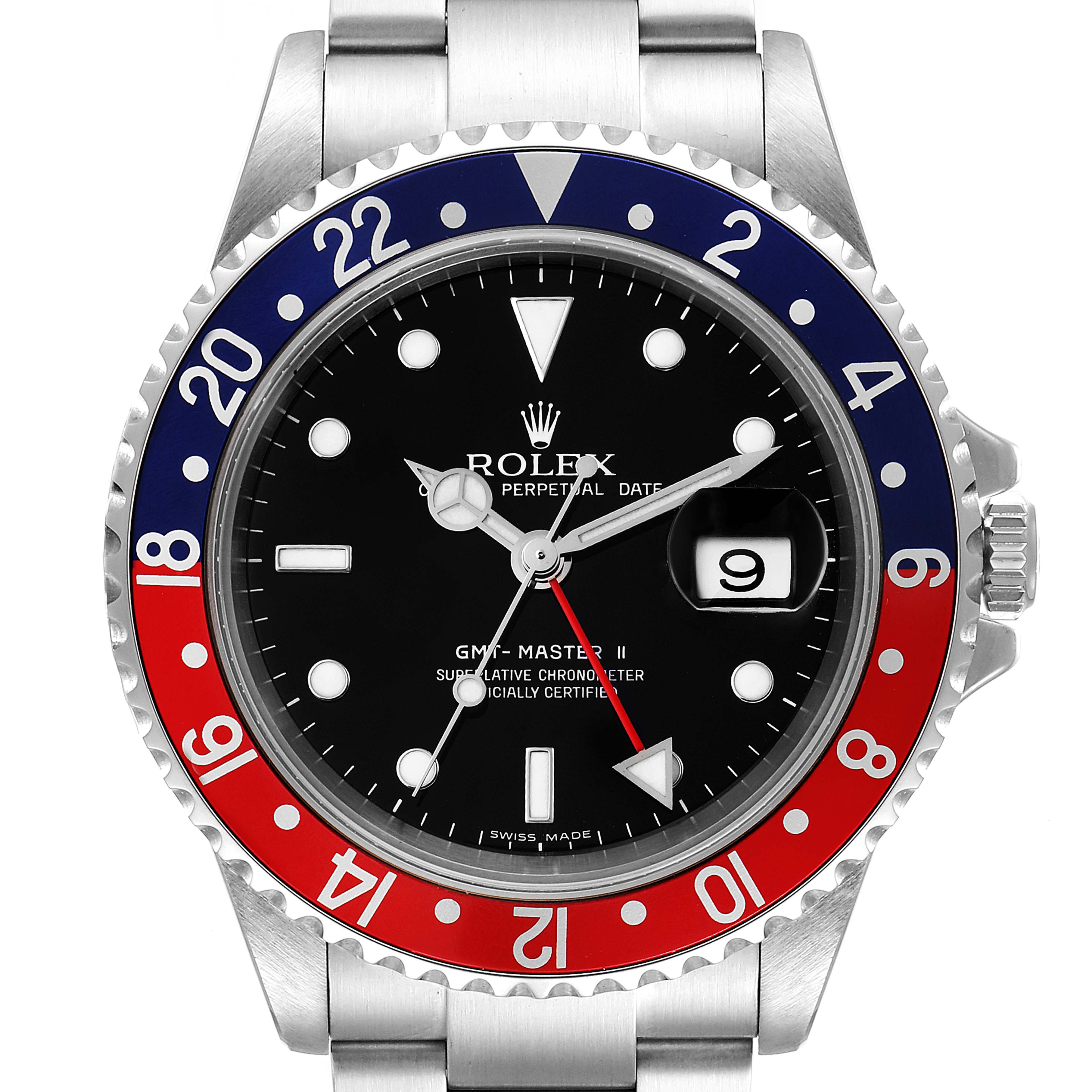 The image shows a front view of the Rolex GMT-Master 16710 Men's Stainless Steel Black Dial 16710 Men's Stainless Steel Black Dial II watch, focusing on the dial, bezel, and bracelet.
