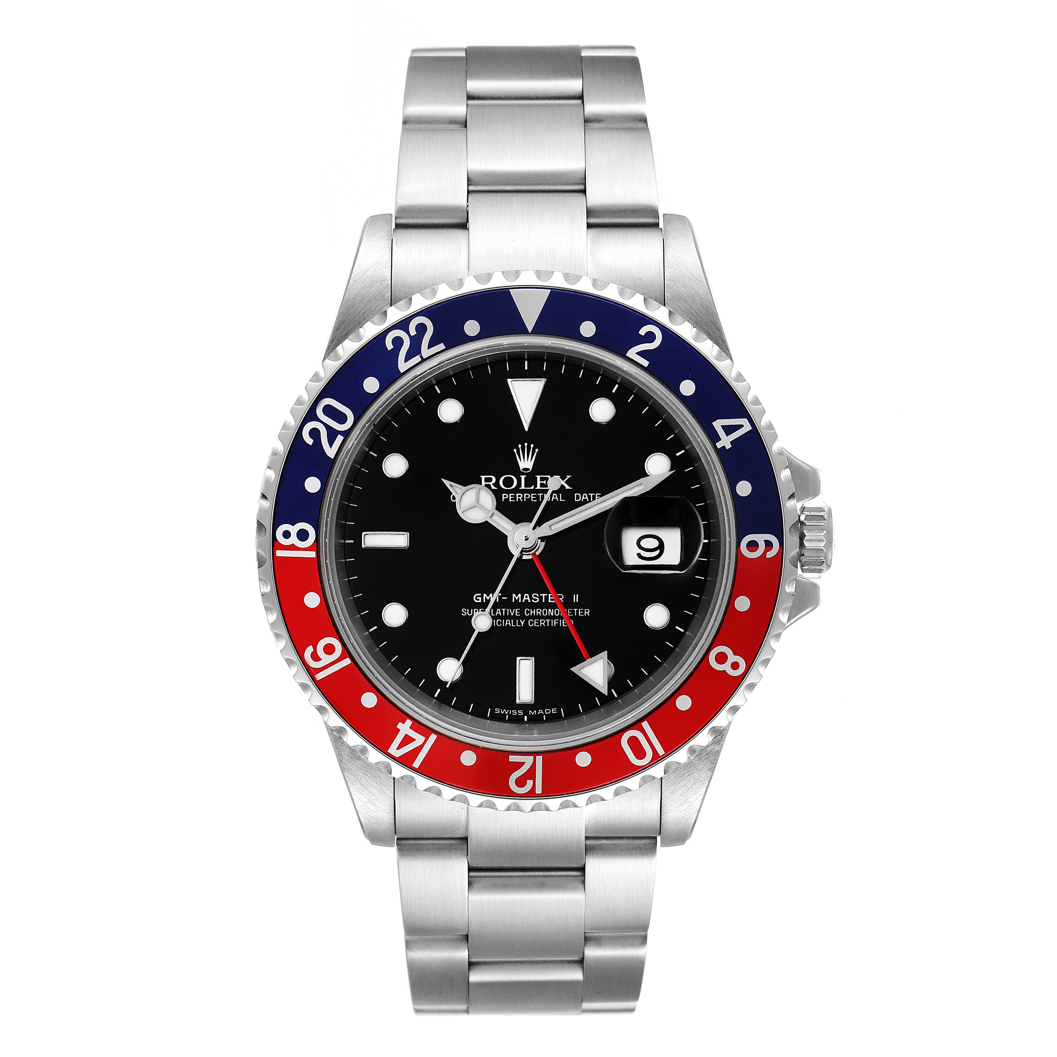 The image shows a front view of a Rolex GMT-Master 16710 Men's Stainless Steel Black Dial 16710 Men's Stainless Steel Black Dial II watch, displaying the bezel, dial, hands, and bracelet.
