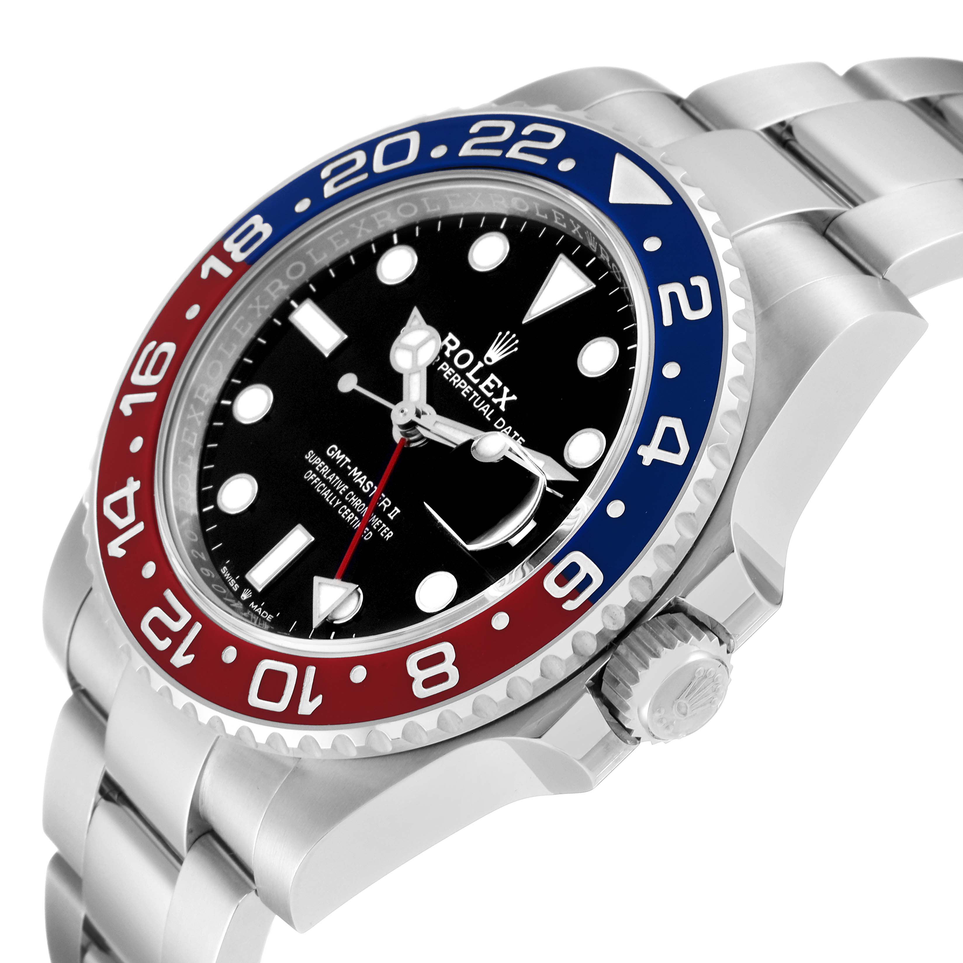 The image shows a Rolex GMT-Master 126710 Men
s Stainless Steel Black Dial 126710 Men
s Stainless Steel Black Dial watch at an angled side view, highlighting the bezel, dial, crown, and part of the bracelet.