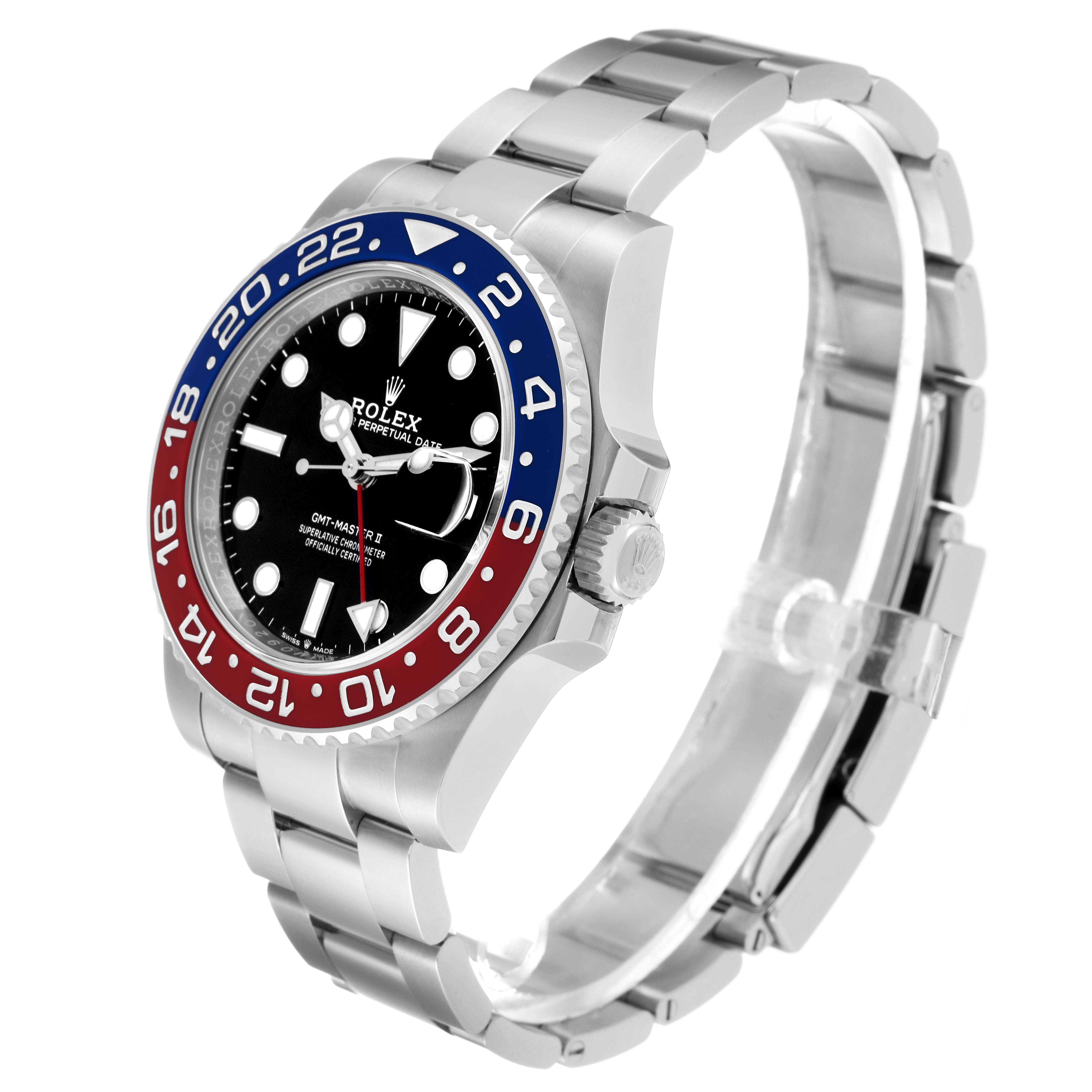 The Rolex GMT-Master 126710 Men
s Stainless Steel Black Dial 126710 Men
s Stainless Steel Black Dial watch is shown at a three-quarter angle, displaying its face, bezel, and bracelet.