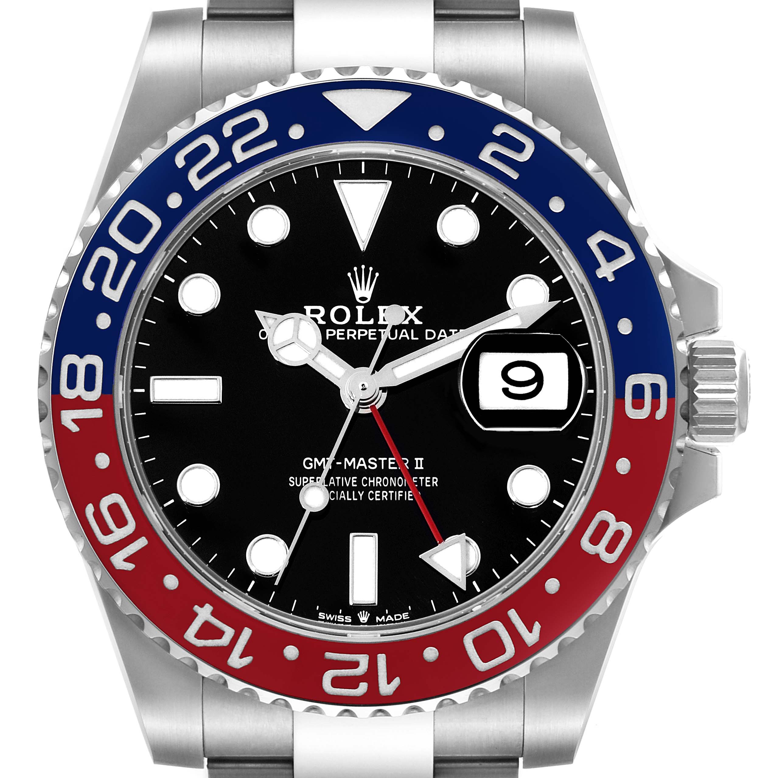 The image shows a front view of a Rolex GMT-Master 126710 Men
s Stainless Steel Black Dial 126710 Men
s Stainless Steel Black Dial II watch displaying the dial, bezel, and part of the bracelet.