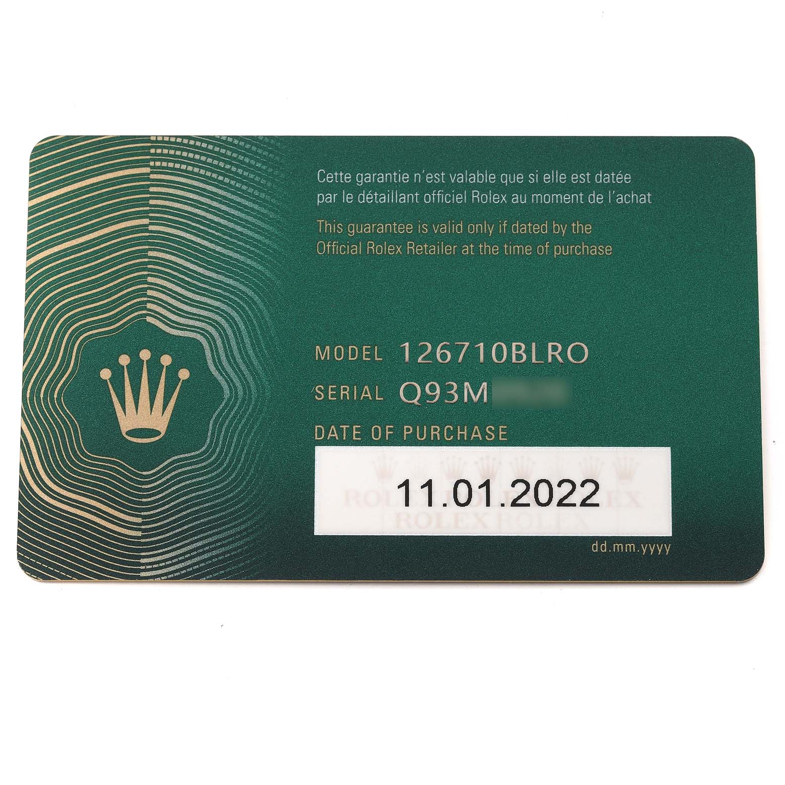 The image shows the warranty card for a Rolex GMT-Master 126710 Men
s Stainless Steel Black Dial 126710 Men
s Stainless Steel Black Dial model 126710BLRO, displaying the purchase date and serial number.