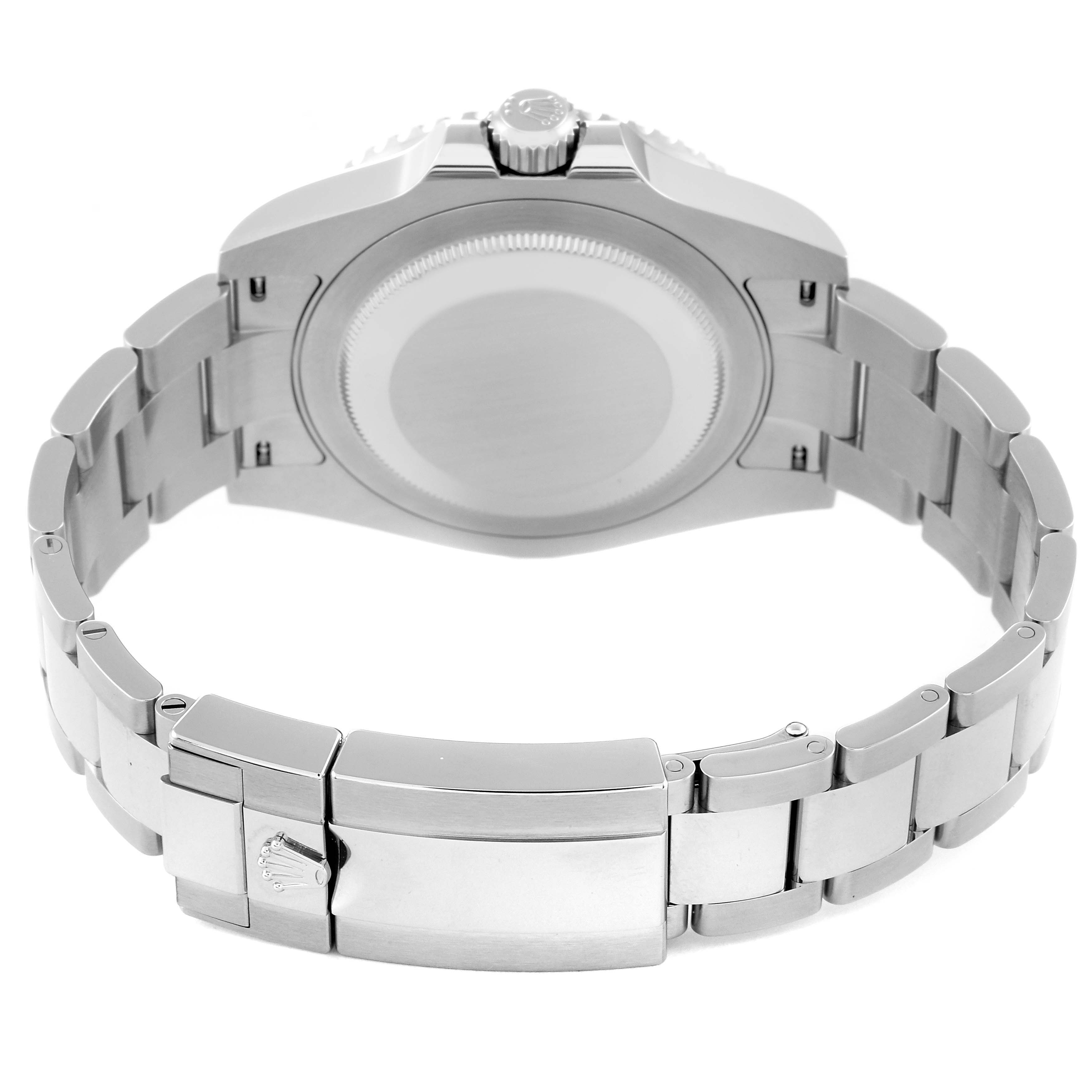 The image shows the back view of the Rolex GMT-Master 126710 Men
s Stainless Steel Black Dial 126710 Men
s Stainless Steel Black Dial watch, highlighting the case back and metal bracelet with a clasp.