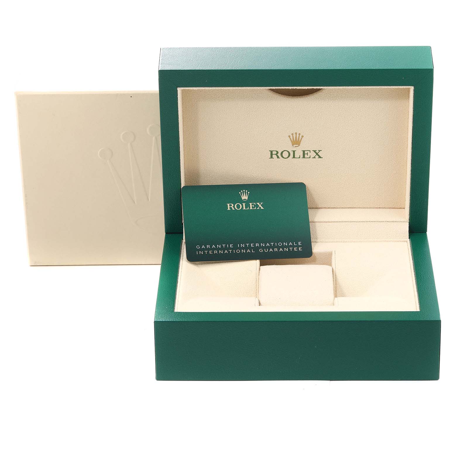 The image shows an open green and beige Rolex GMT-Master 126710 Men
s Stainless Steel Black Dial 126710 Men
s Stainless Steel Black Dial watch box with an international guarantee card inside.