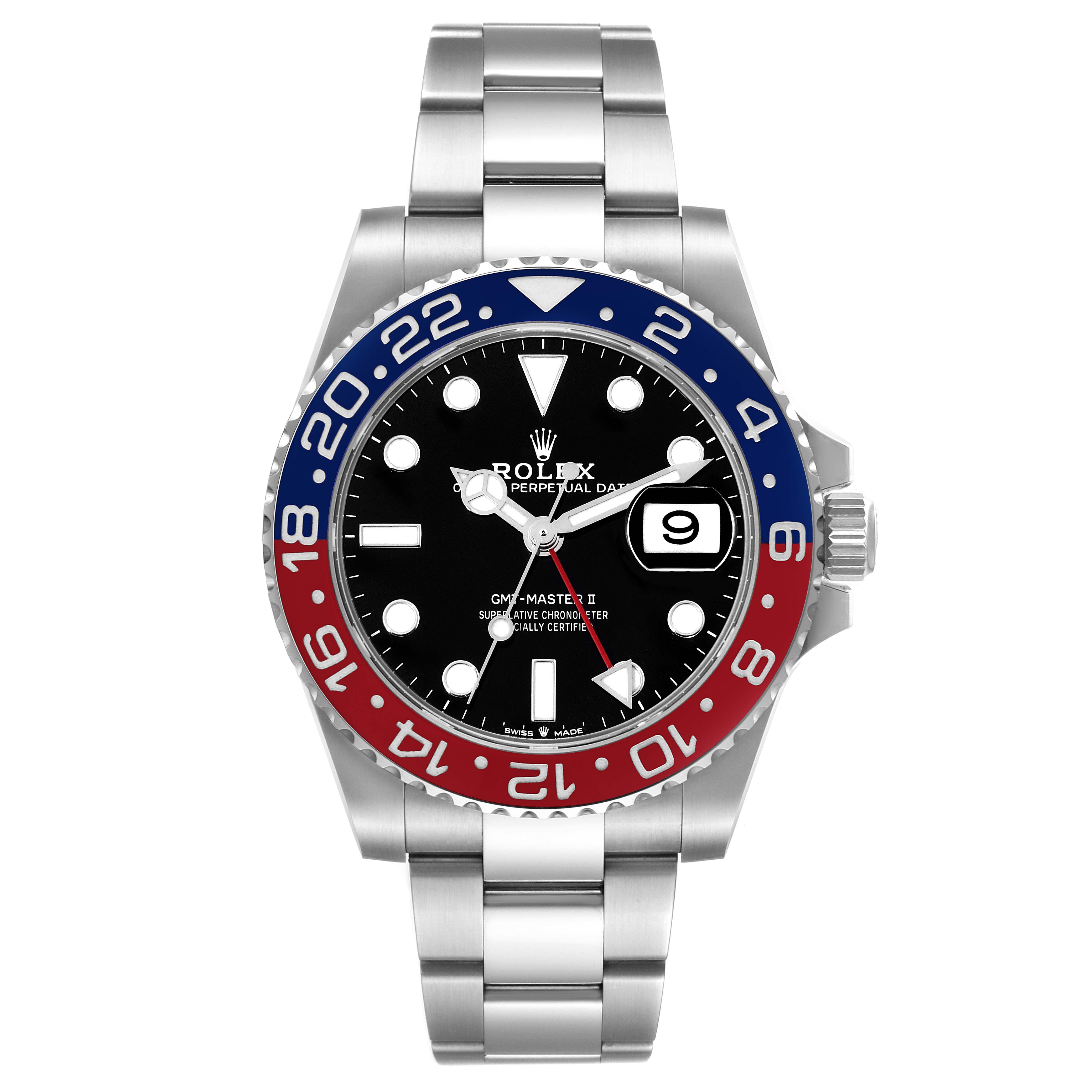 The image shows a Rolex GMT-Master 126710 Men
s Stainless Steel Black Dial 126710 Men
s Stainless Steel Black Dial watch front-on, highlighting its bezel, dial, hands, date window, and bracelet.
