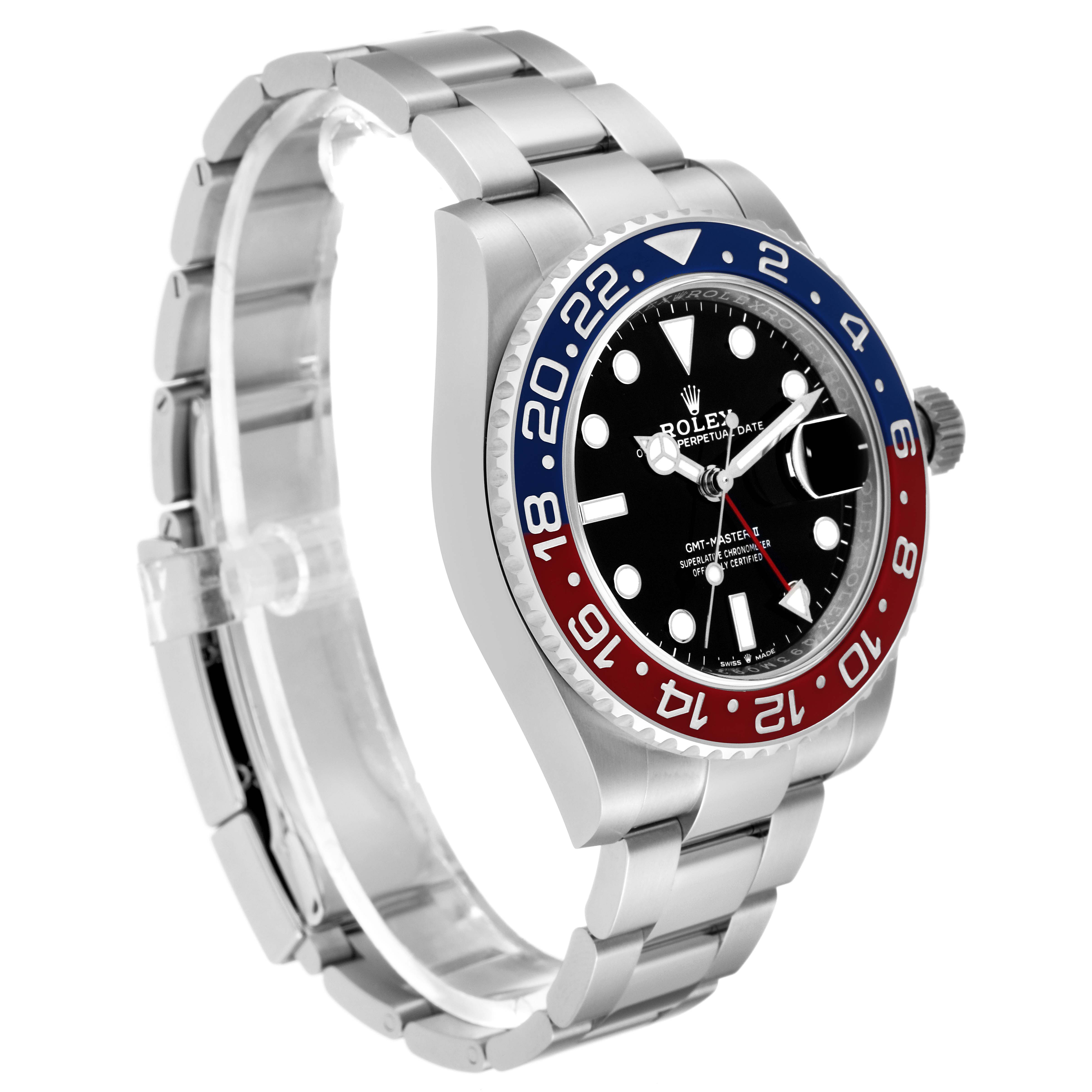 The image shows a side-angle view of a Rolex GMT-Master 126710 Men
s Stainless Steel Black Dial 126710 Men
s Stainless Steel Black Dial watch featuring its face, bezel, and bracelet.