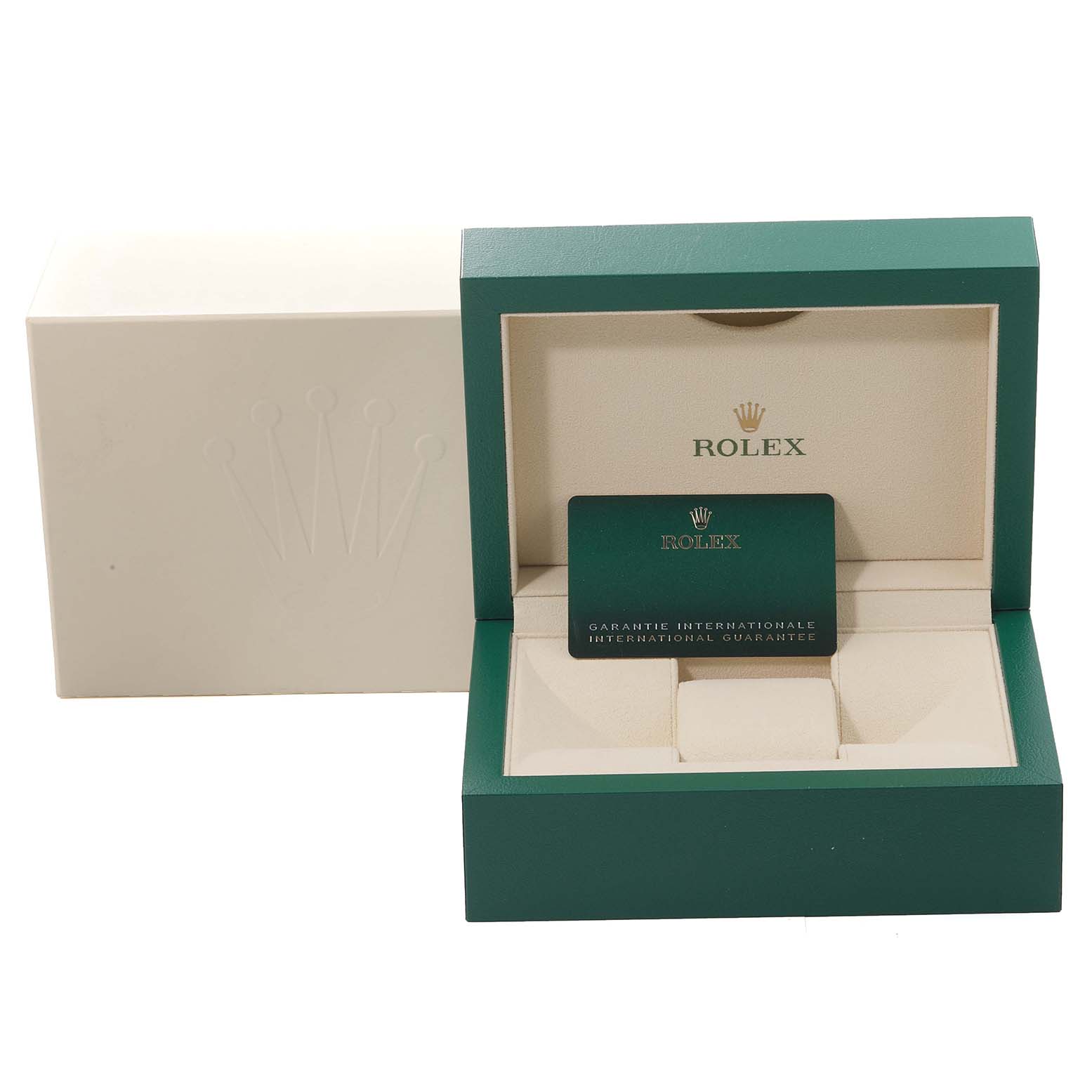 The image shows a Rolex GMT-Master 126720VTNR-0001 Men's Stainless Steel Black Dial 126720VTNR-0001 Men's Stainless Steel Black Dial watch box and an international guarantee card inside, viewed from the front.