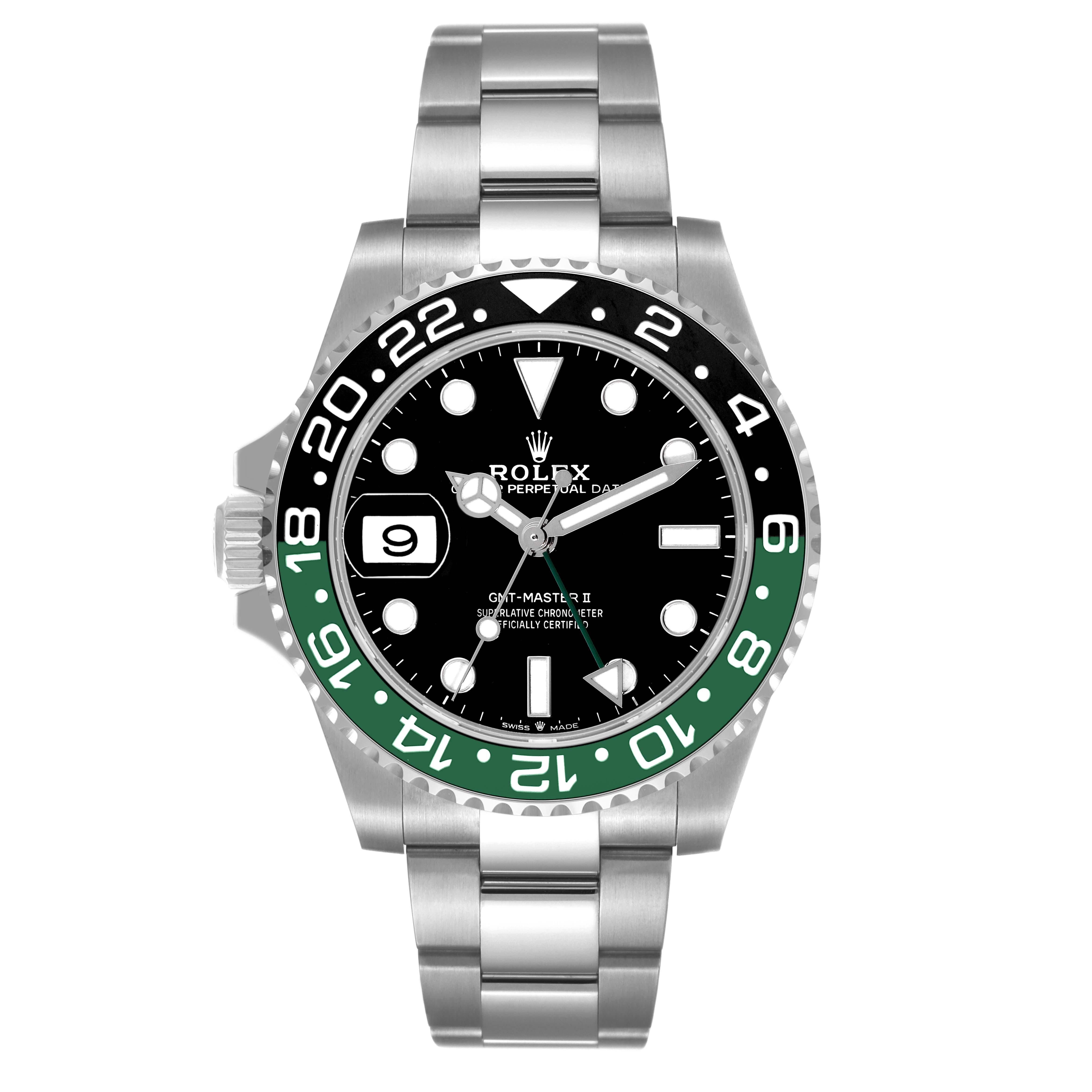 The image shows a front view of the Rolex GMT-Master 126720VTNR-0001 Men's Stainless Steel Black Dial 126720VTNR-0001 Men's Stainless Steel Black Dial II with a green and black bezel, black dial, and silver bracelet.