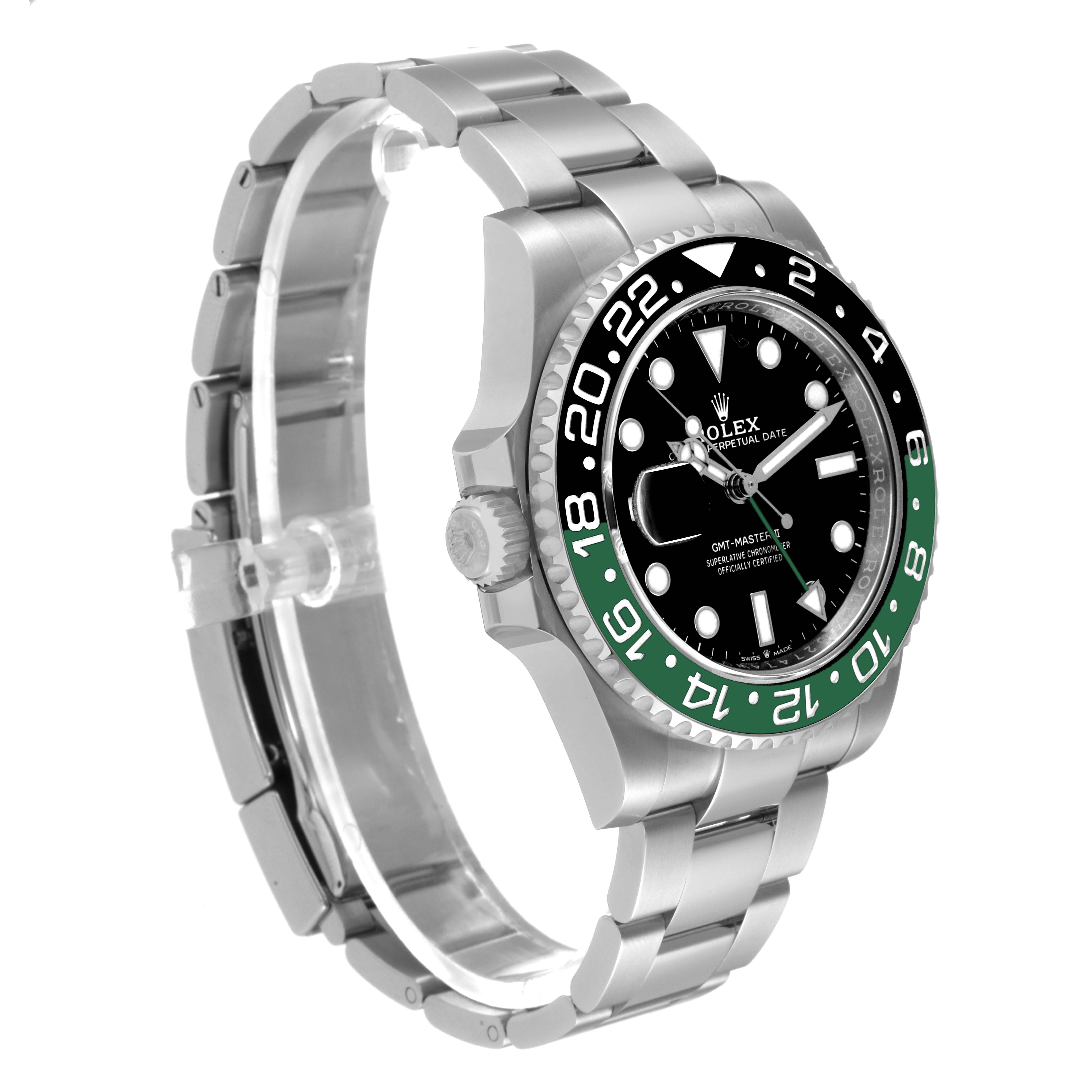 The image shows a side angle view of a Rolex GMT-Master 126720VTNR-0001 Men's Stainless Steel Black Dial 126720VTNR-0001 Men's Stainless Steel Black Dial watch, highlighting the bracelet, bezel, and face.