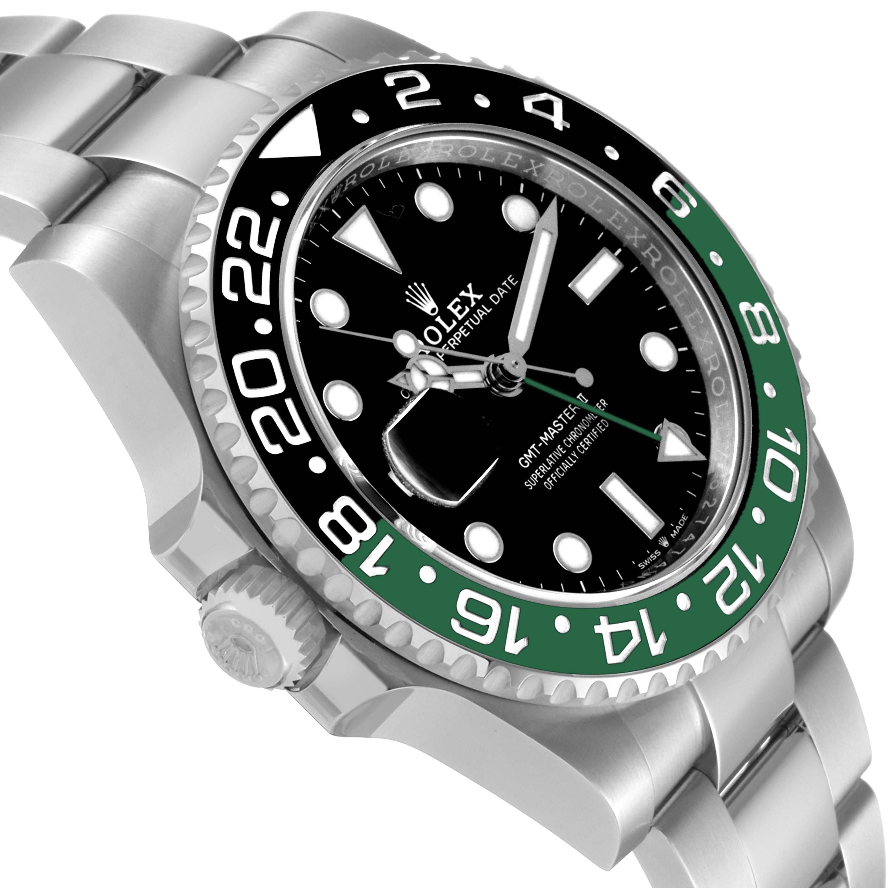 The image shows a Rolex GMT-Master 126720VTNR-0001 Men's Stainless Steel Black Dial 126720VTNR-0001 Men's Stainless Steel Black Dial watch at a slight side angle, revealing the bezel, dial, crown, and part of the bracelet.