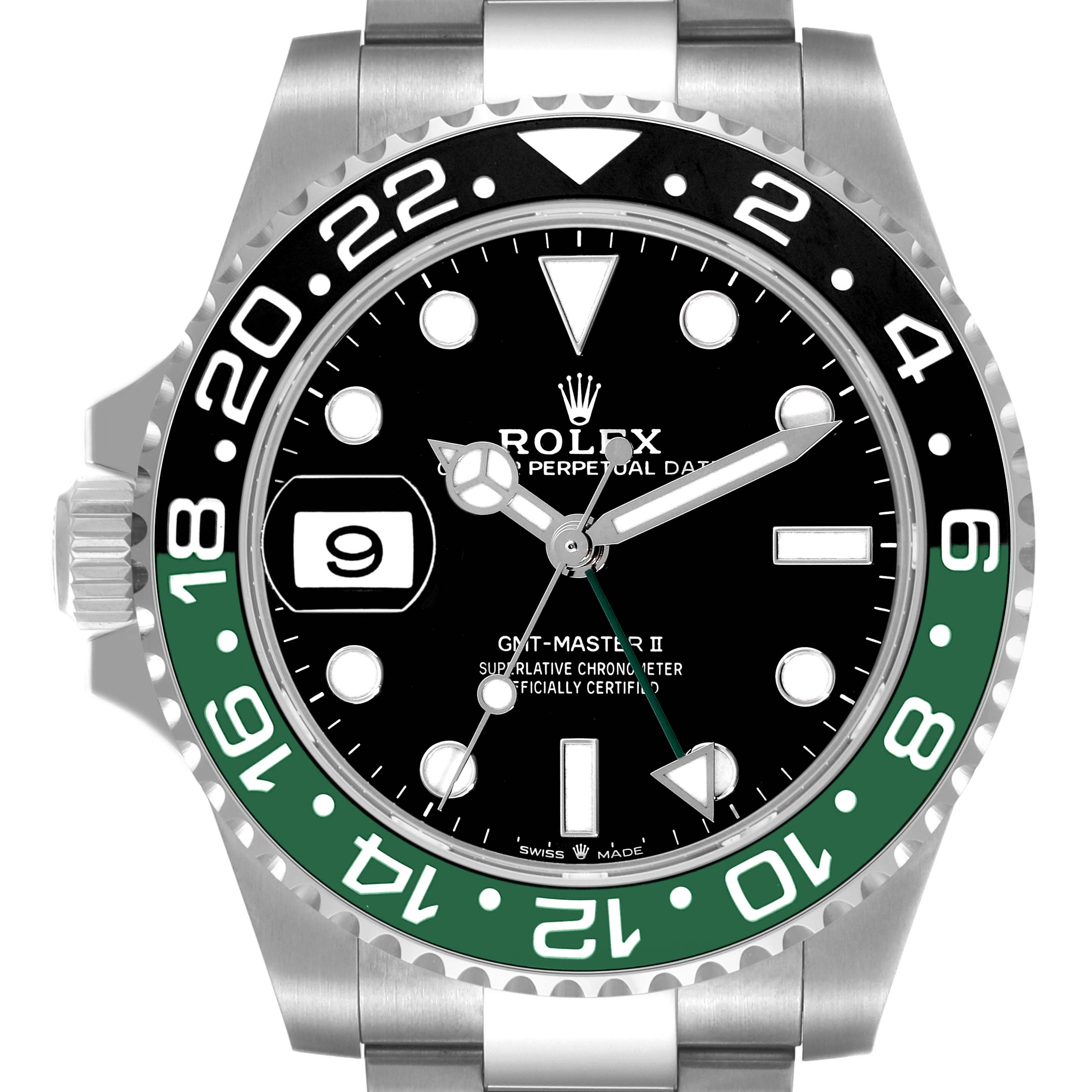 The image shows the front view of a Rolex GMT-Master 126720VTNR-0001 Men's Stainless Steel Black Dial 126720VTNR-0001 Men's Stainless Steel Black Dial II watch, highlighting its black and green bezel, dial, and case.
