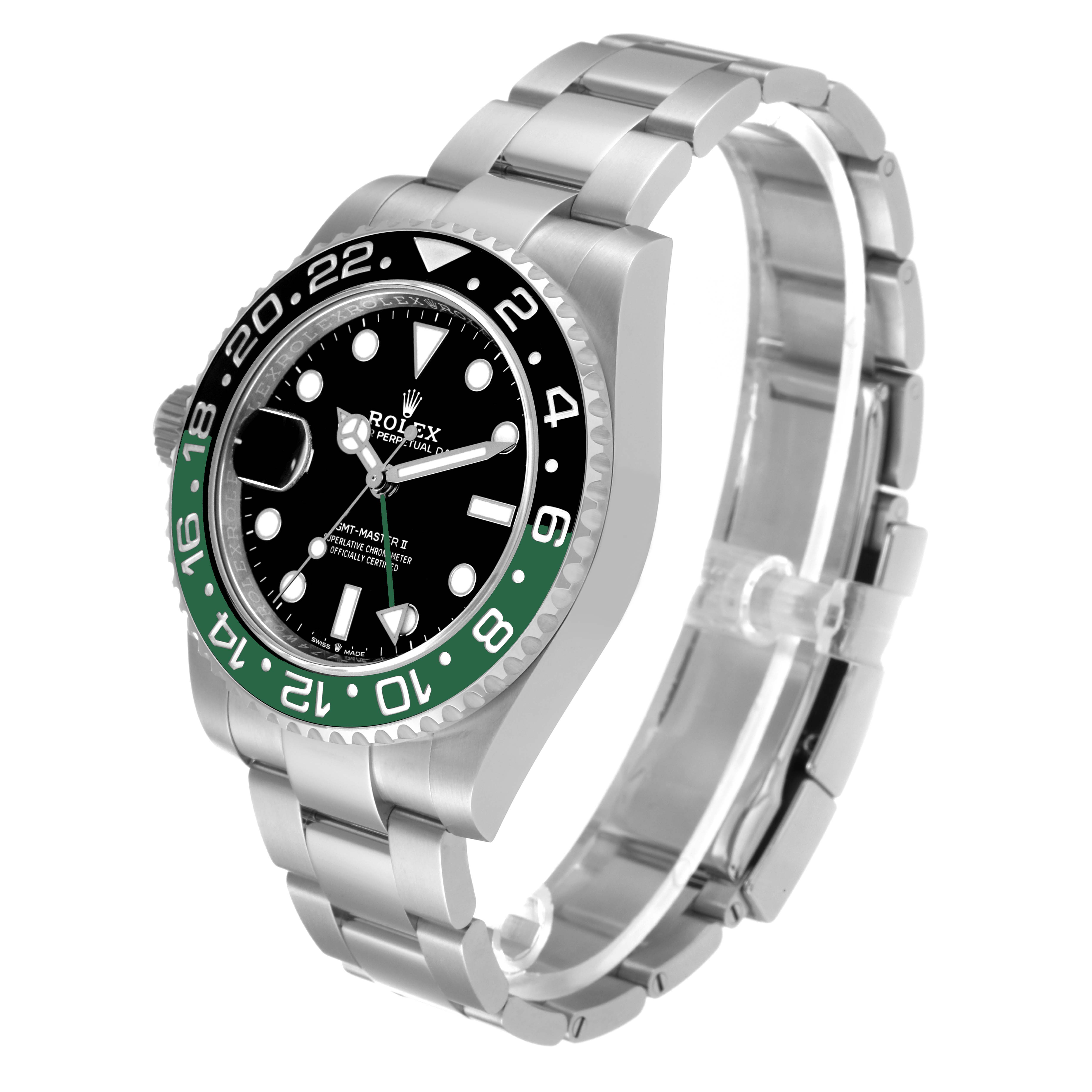 This image shows a side-angle view of the Rolex GMT-Master 126720VTNR-0001 Men's Stainless Steel Black Dial 126720VTNR-0001 Men's Stainless Steel Black Dial watch, highlighting the face, bezel, and bracelet.