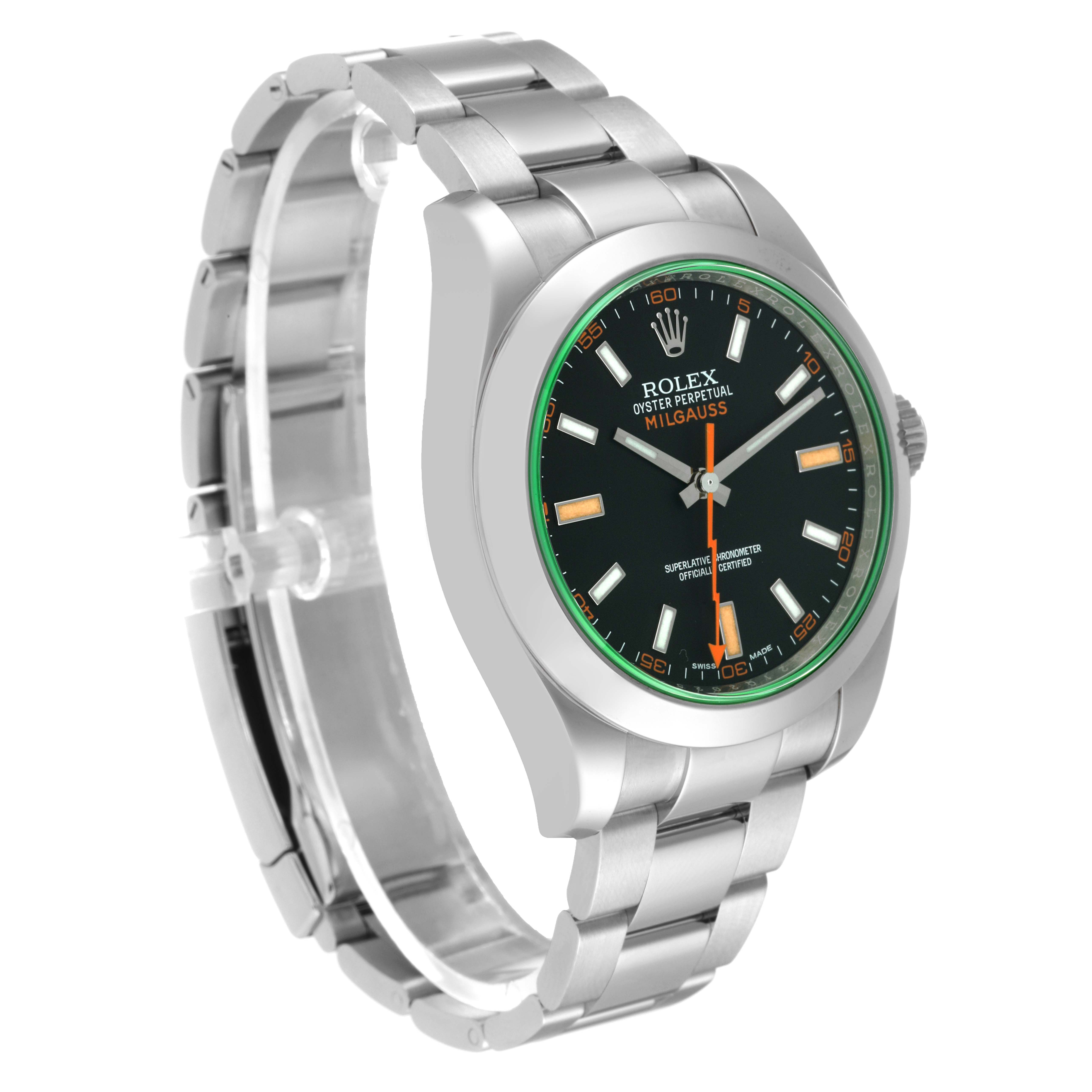 The image shows a Rolex Milgauss 116400 Men
s Stainless Steel Black Dial 116400 Men
s Stainless Steel Black Dial watch at an angled side view, highlighting its face, bezel, case, and bracelet.