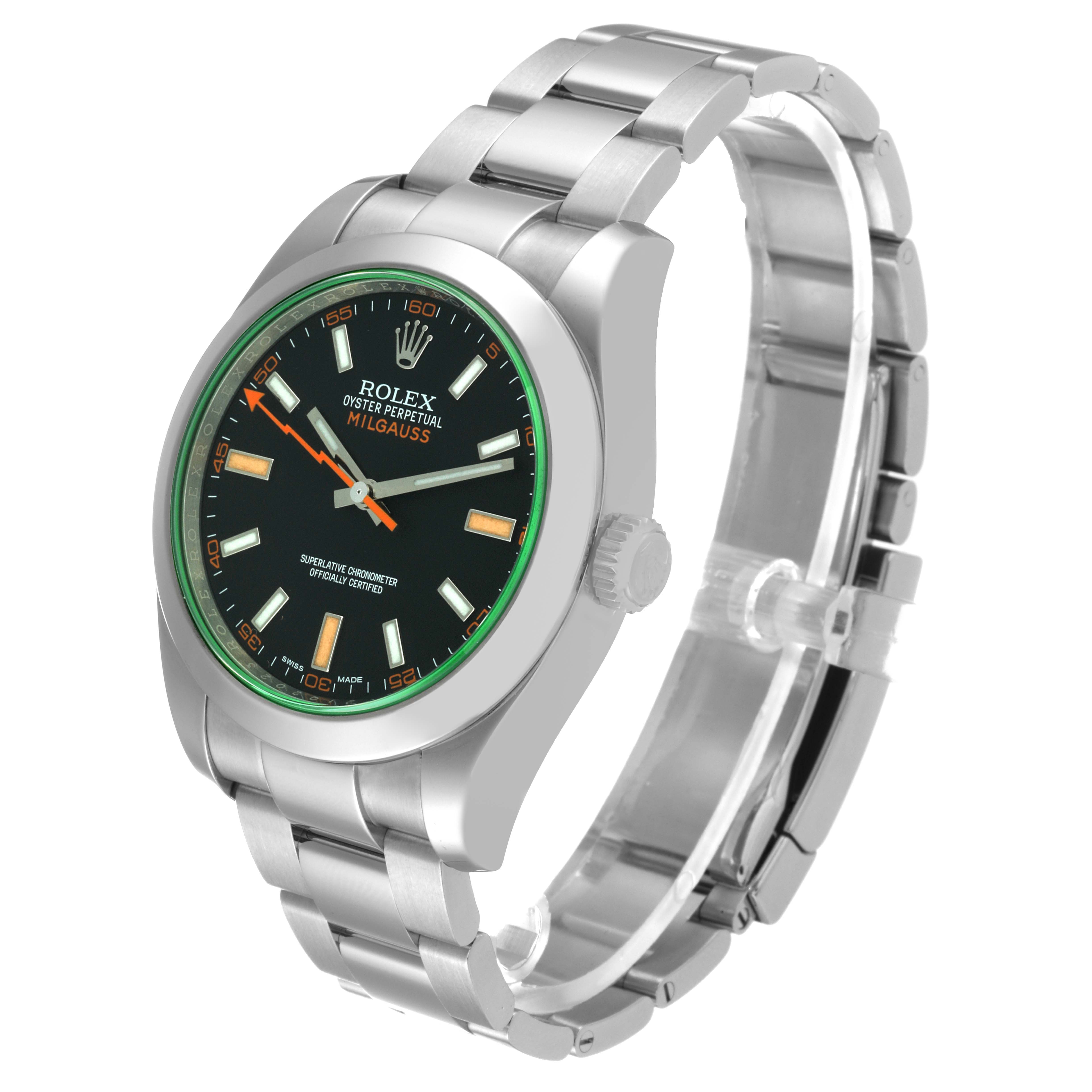 This image shows a Rolex Milgauss 116400 Men
s Stainless Steel Black Dial 116400 Men
s Stainless Steel Black Dial watch at an angled side view, showcasing its face, crown, and bracelet.