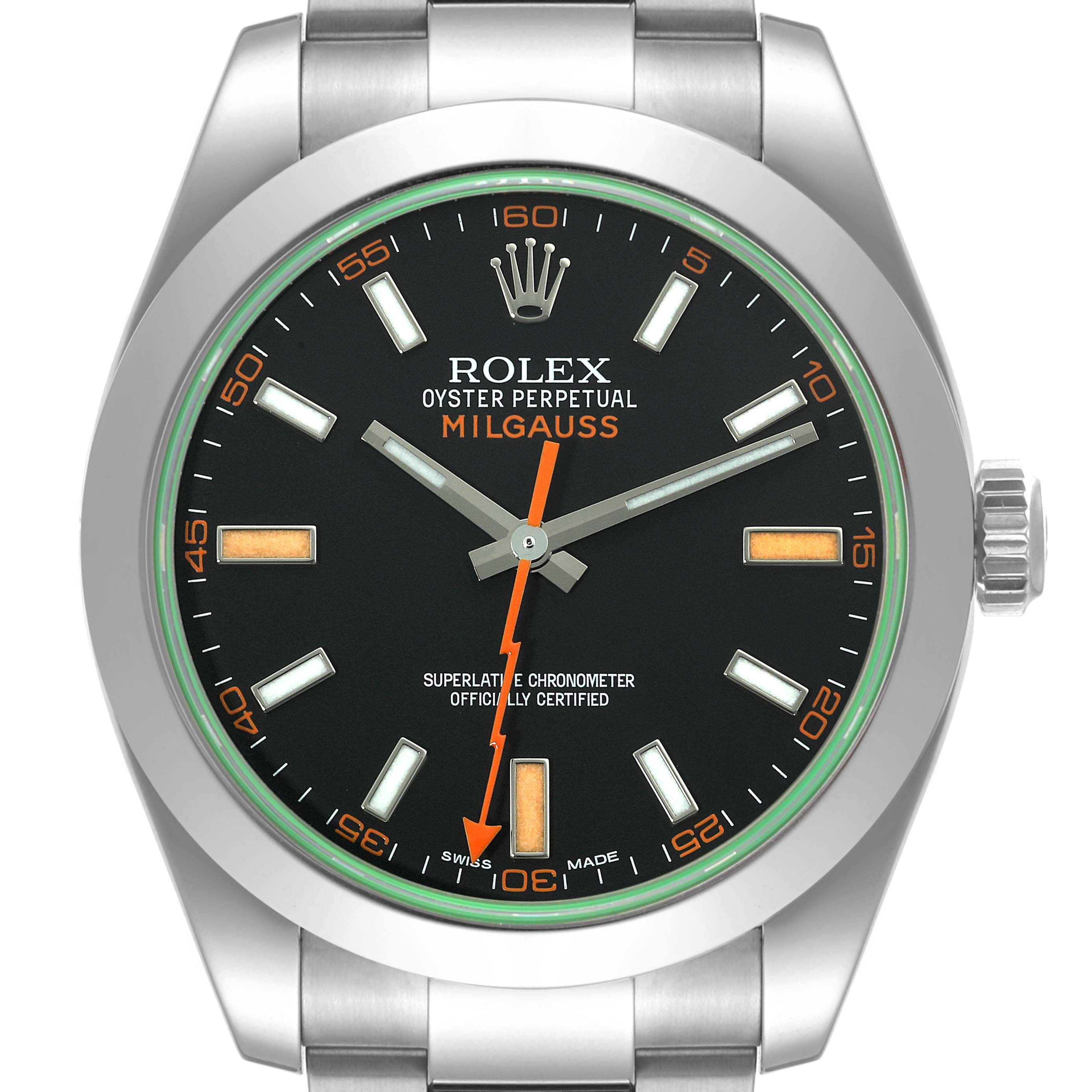 This image shows a close-up front view of the Rolex Milgauss 116400 Men
s Stainless Steel Black Dial 116400 Men
s Stainless Steel Black Dial watch, including the dial, hands, and part of the bracelet.