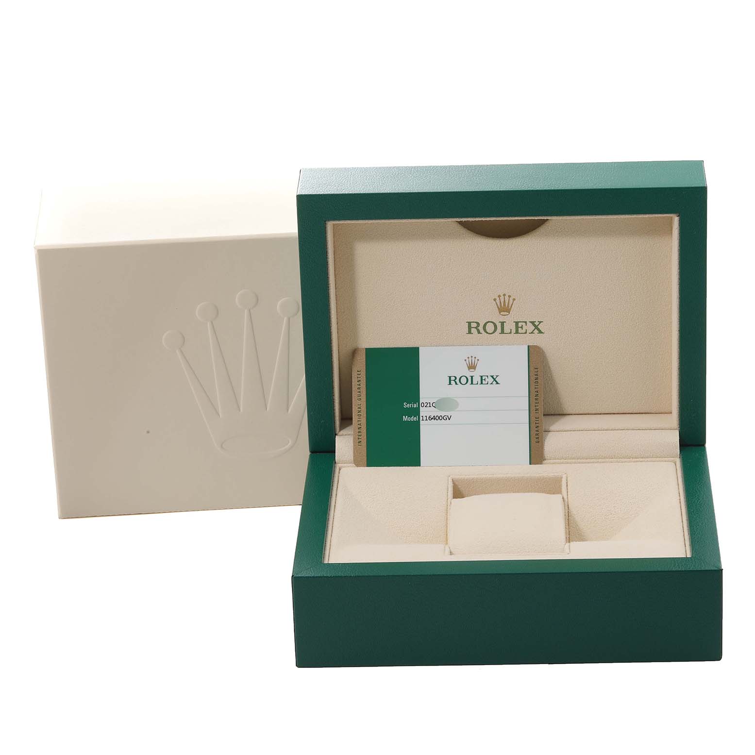 This image shows the packaging and papers for the Rolex Milgauss 116400 Men
s Stainless Steel Black Dial 116400 Men
s Stainless Steel Black Dial model, including the box and warranty card.