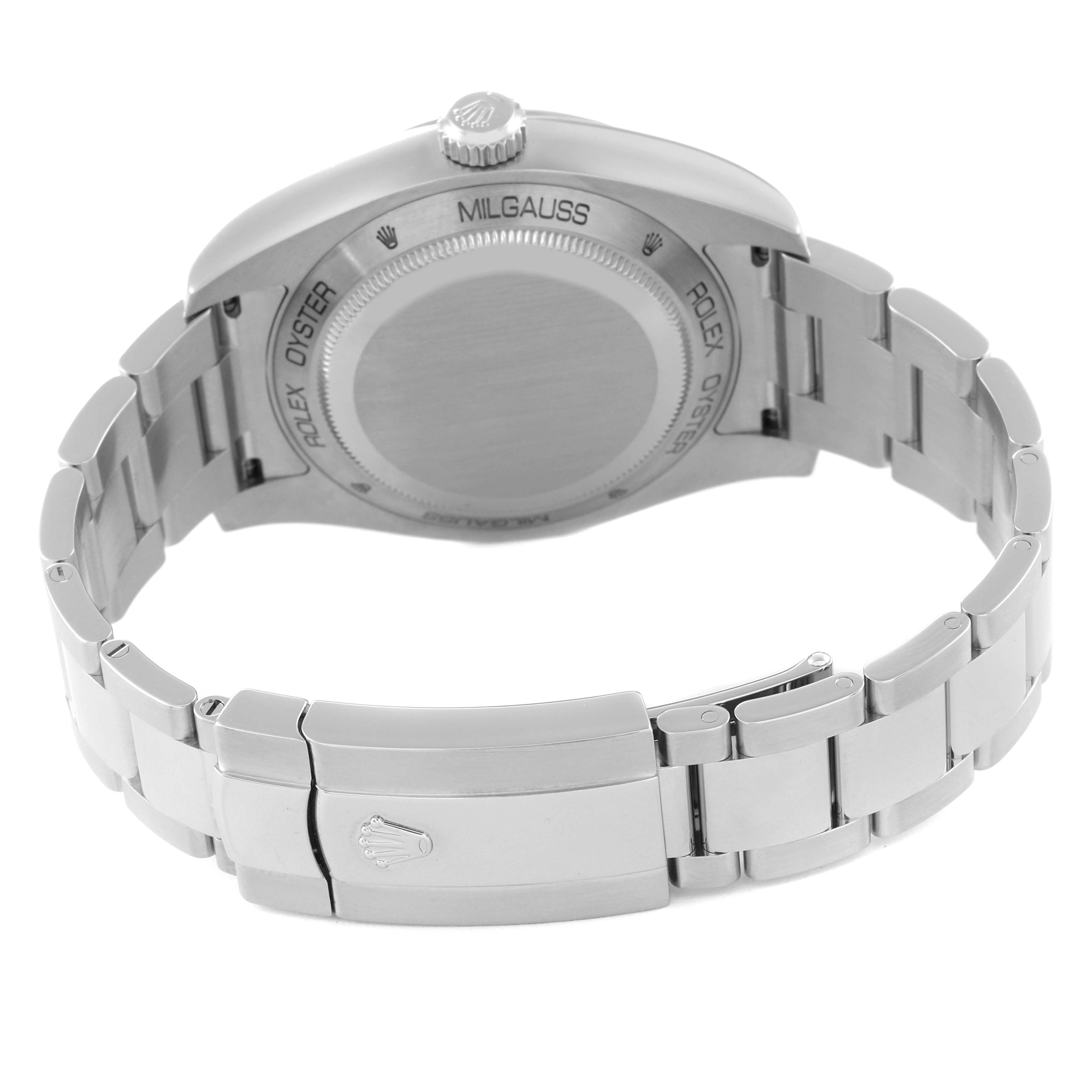 This image shows the back and bracelet of a Rolex Milgauss 116400 Men
s Stainless Steel Black Dial 116400 Men
s Stainless Steel Black Dial watch from a rear angle.