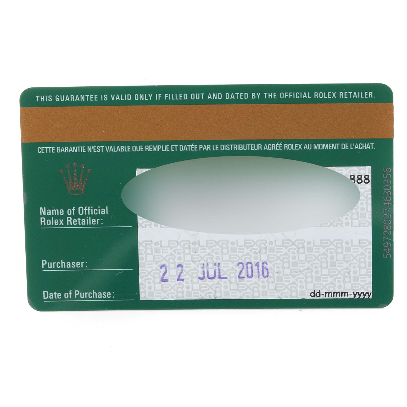 The image shows the warranty card for a Rolex Milgauss 116400 Men
s Stainless Steel Black Dial 116400 Men
s Stainless Steel Black Dial watch, filled out and dated 22 July 2016.