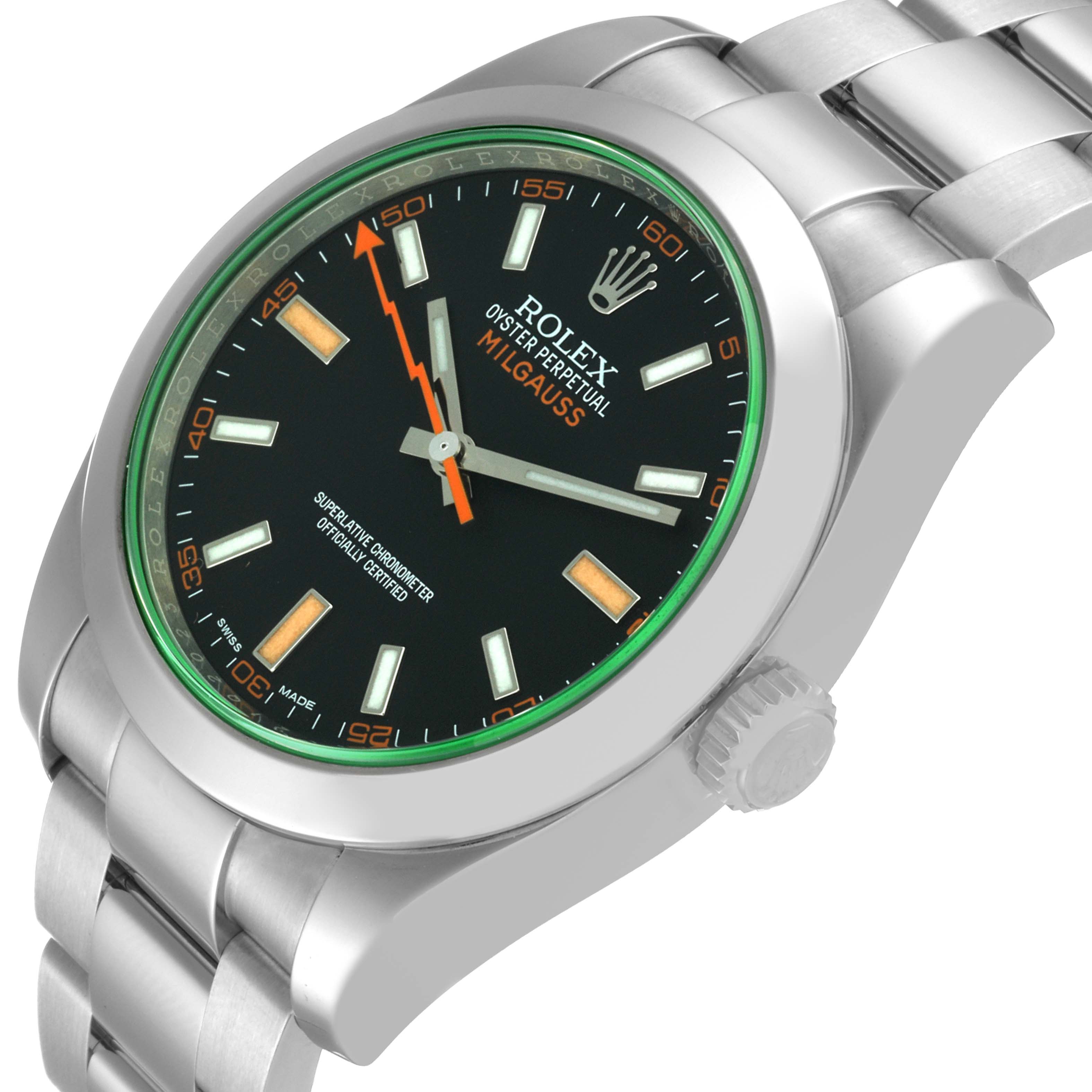 The image shows a Rolex Milgauss 116400 Men
s Stainless Steel Black Dial 116400 Men
s Stainless Steel Black Dial watch from an angled perspective, showcasing its face, case, and part of the bracelet.